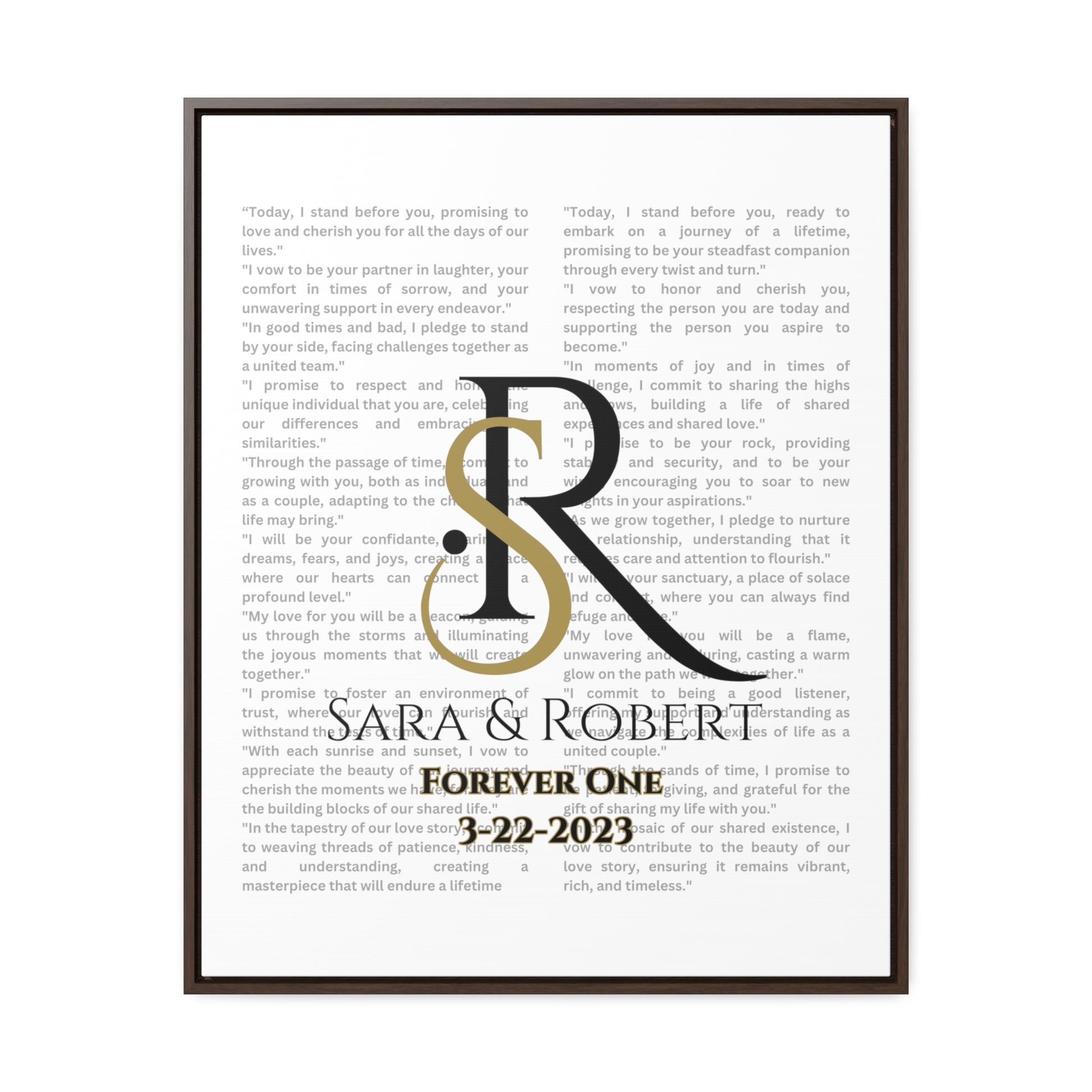 Monogram framed Gallery Canvas of Vows Sty 7 in walnut frame.