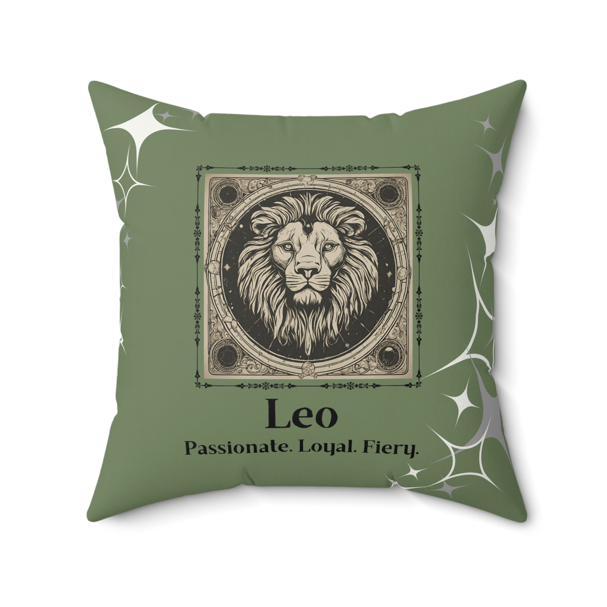 Front of Leo Zodiac Throw Pillow in Olive.
