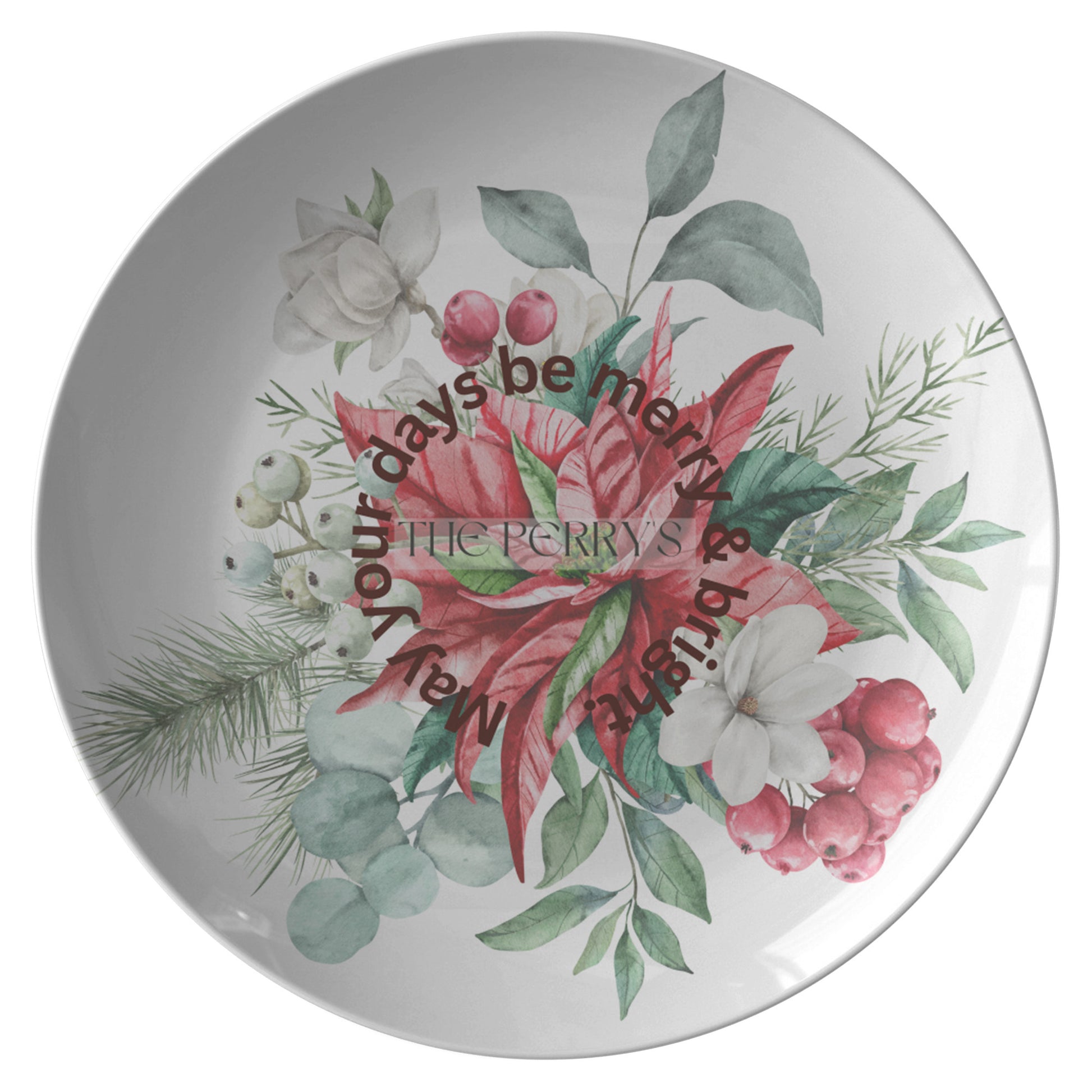 Merry & Bright Style 3 10” Plate with poinsettias and berries.