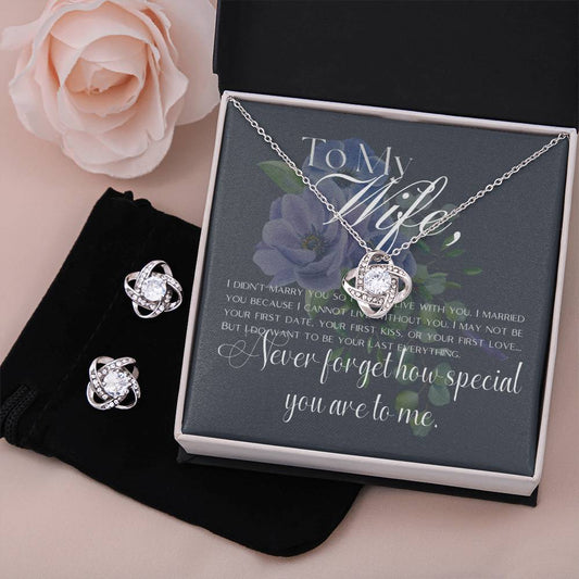 “To My Wife” Love Knot Necklace & Earring Set - White Gold