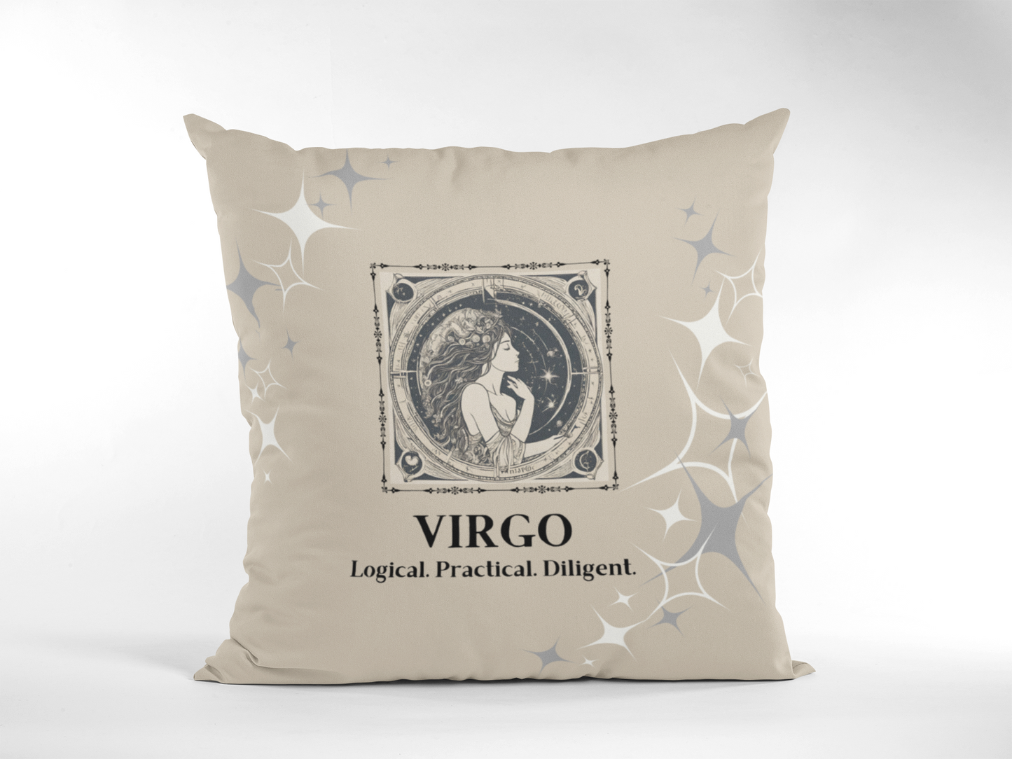 Virgo Zodiac Throw Pillow displayed in Cream.