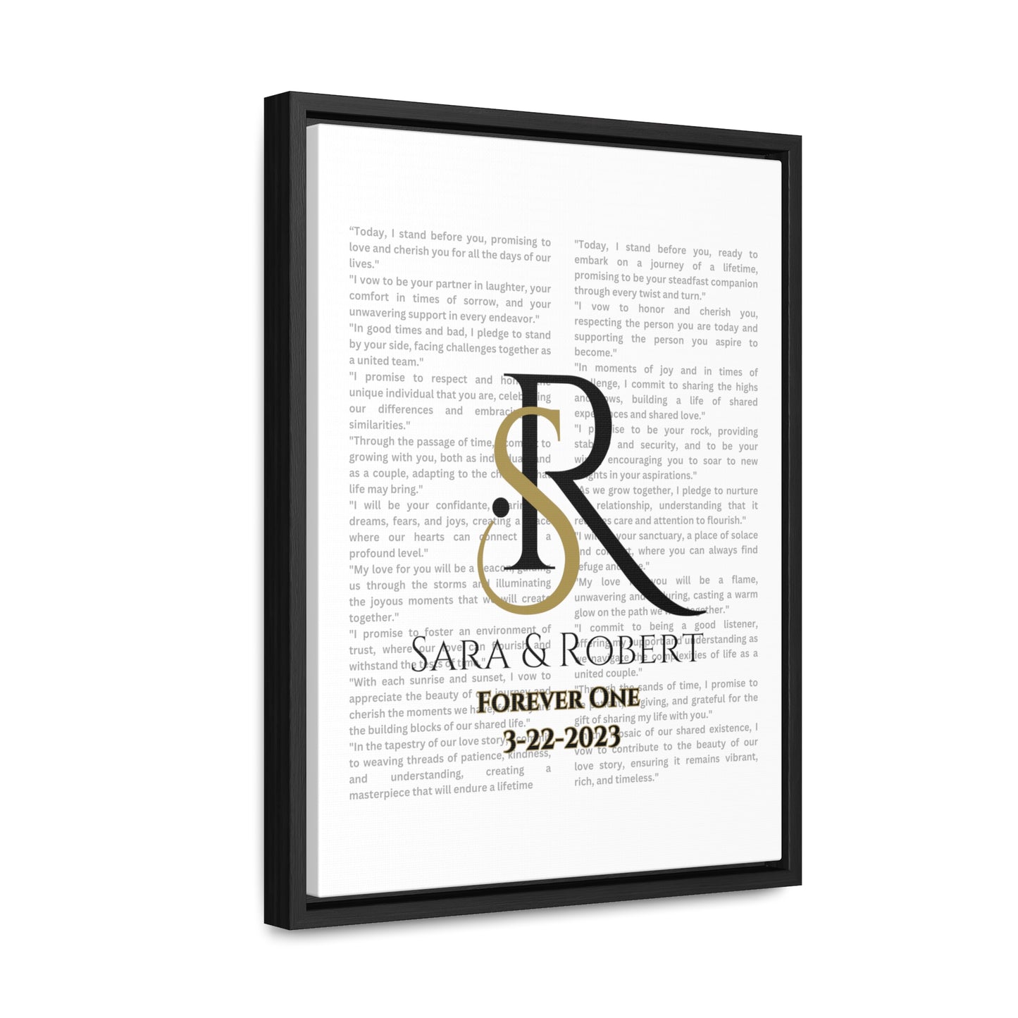 Monogram framed Gallery Canvas of Vows Sty 7 front view featuring his/her vows with couple’s monogram initials in wedding colors.