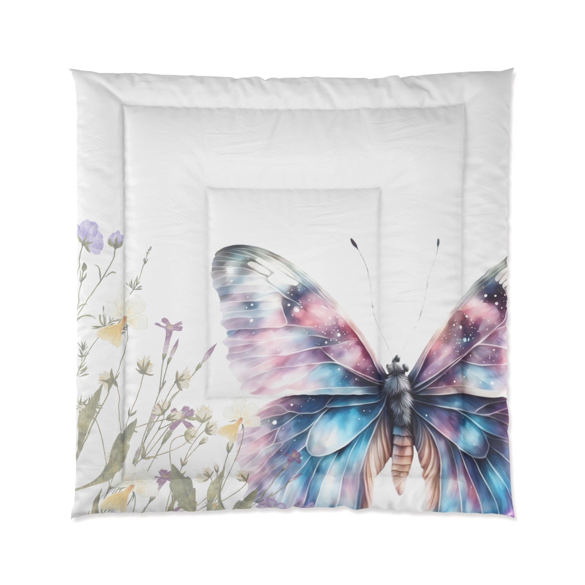 White full size butterfly bed comforter with foliage