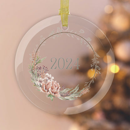 Style 2 Commemorative Glass year ornament with pink Christmas background.