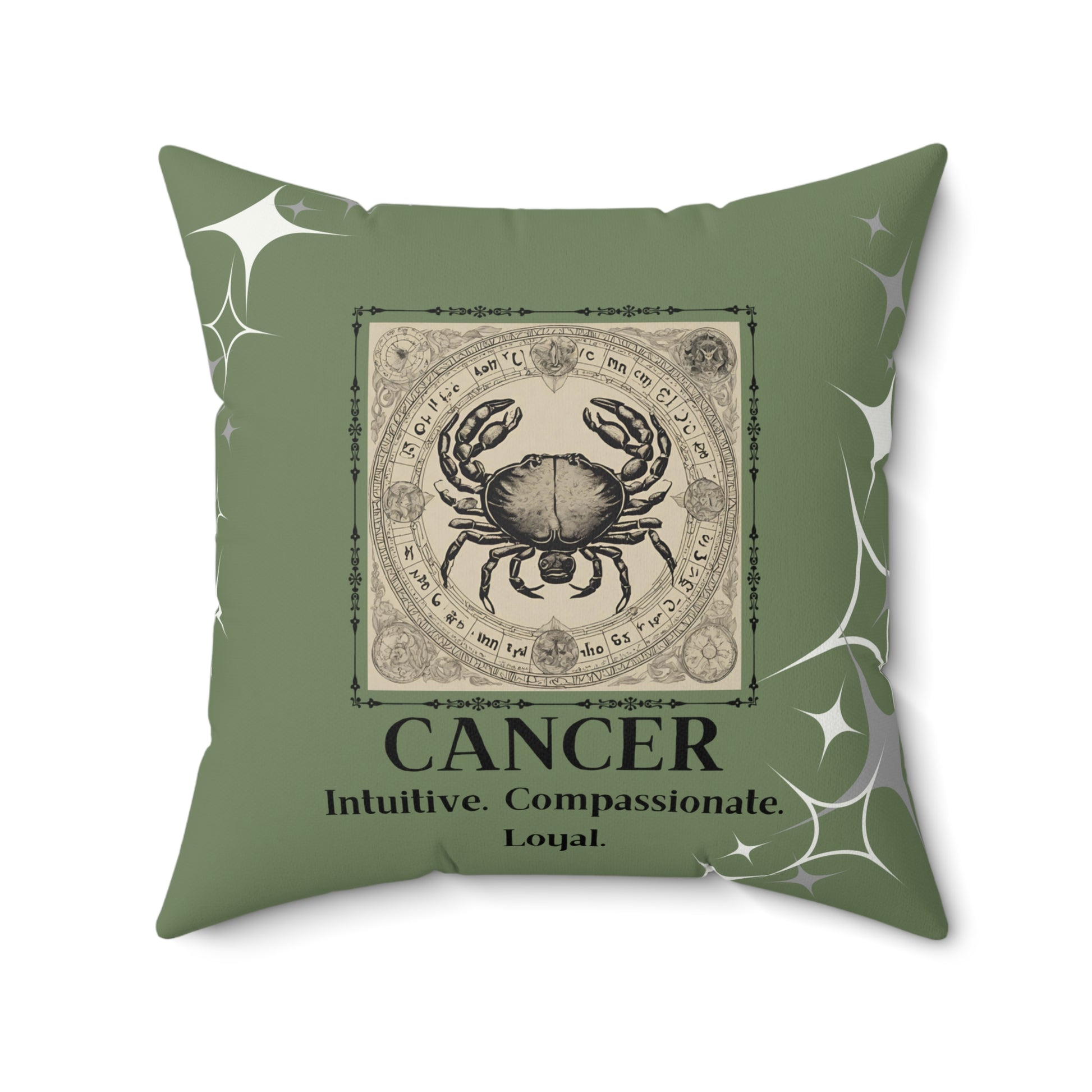 Cancer Zodiac Throw pillow front view in Olive.