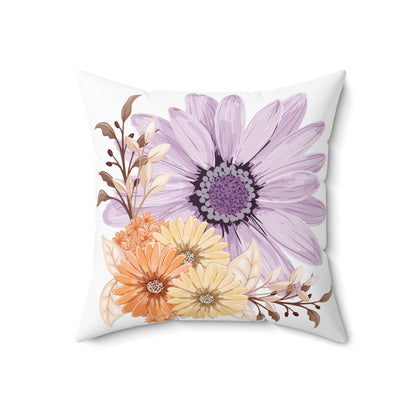 Front of Bellissimi Fiori throw pillow featuring a white background with purple, orange, and cream daisies.