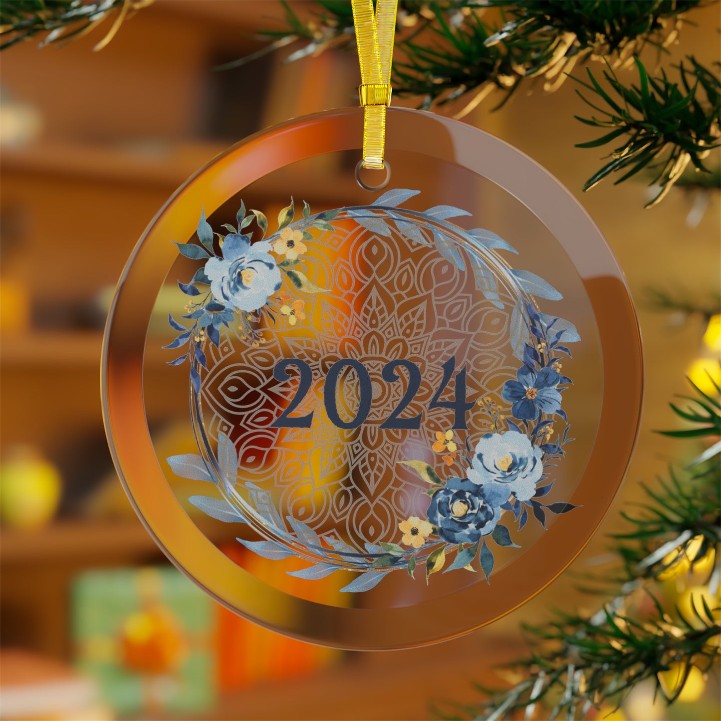 Style 6 commemorative glass year ornament hanging in living room.