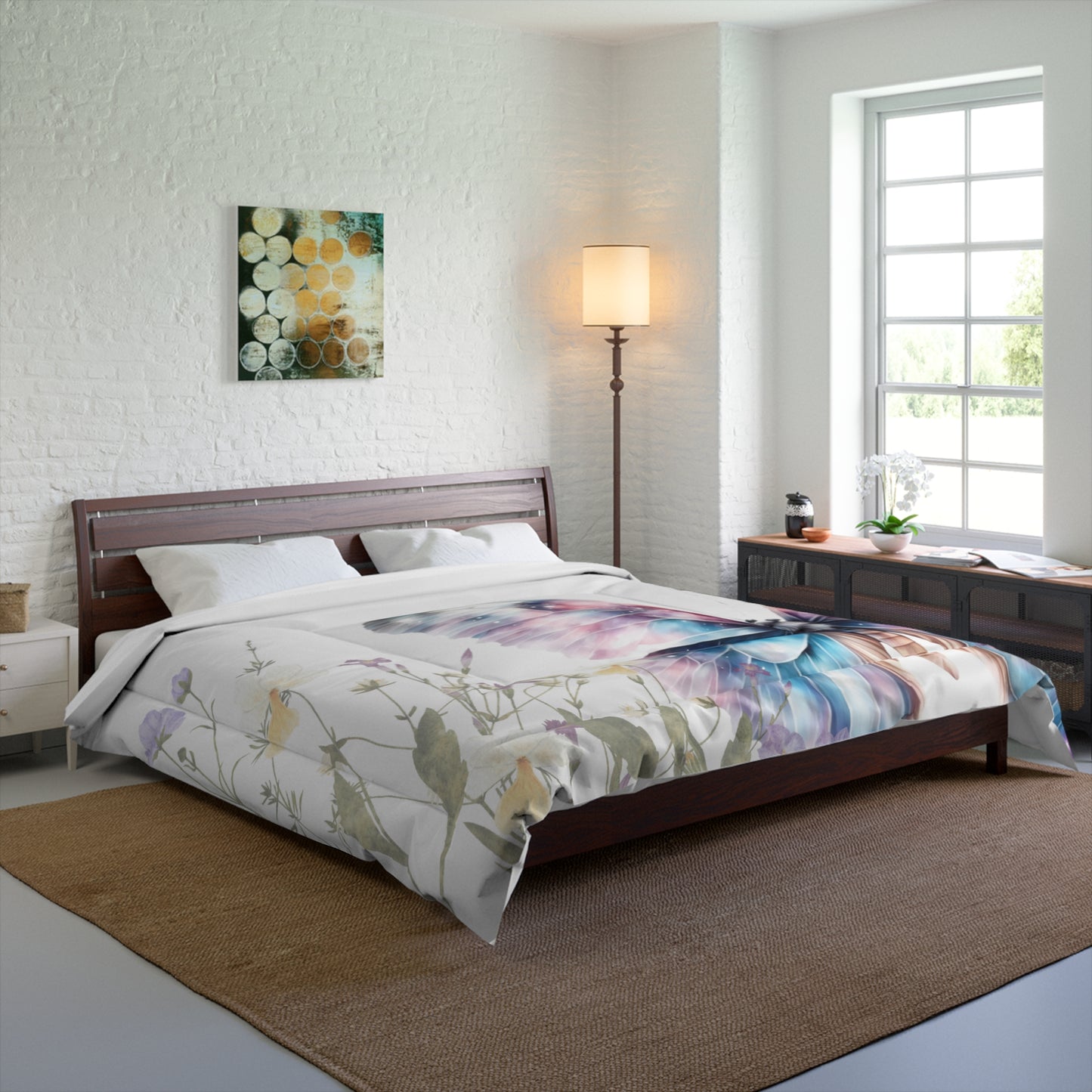 Queen size bed in bedroom with white butterfly comforter