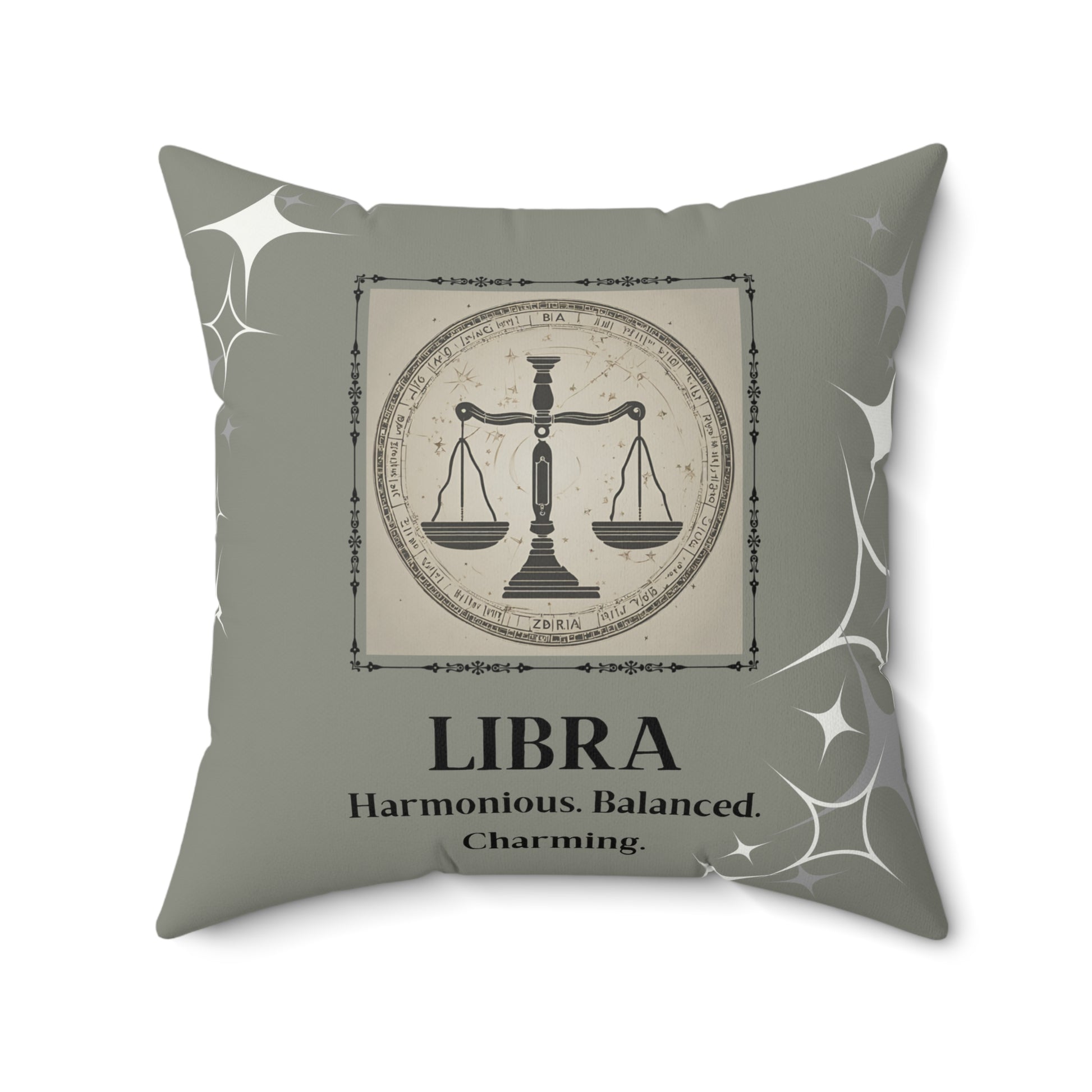 Libra zodiac throw pillow front view featuring zodiac symbol surrounded by white stars.