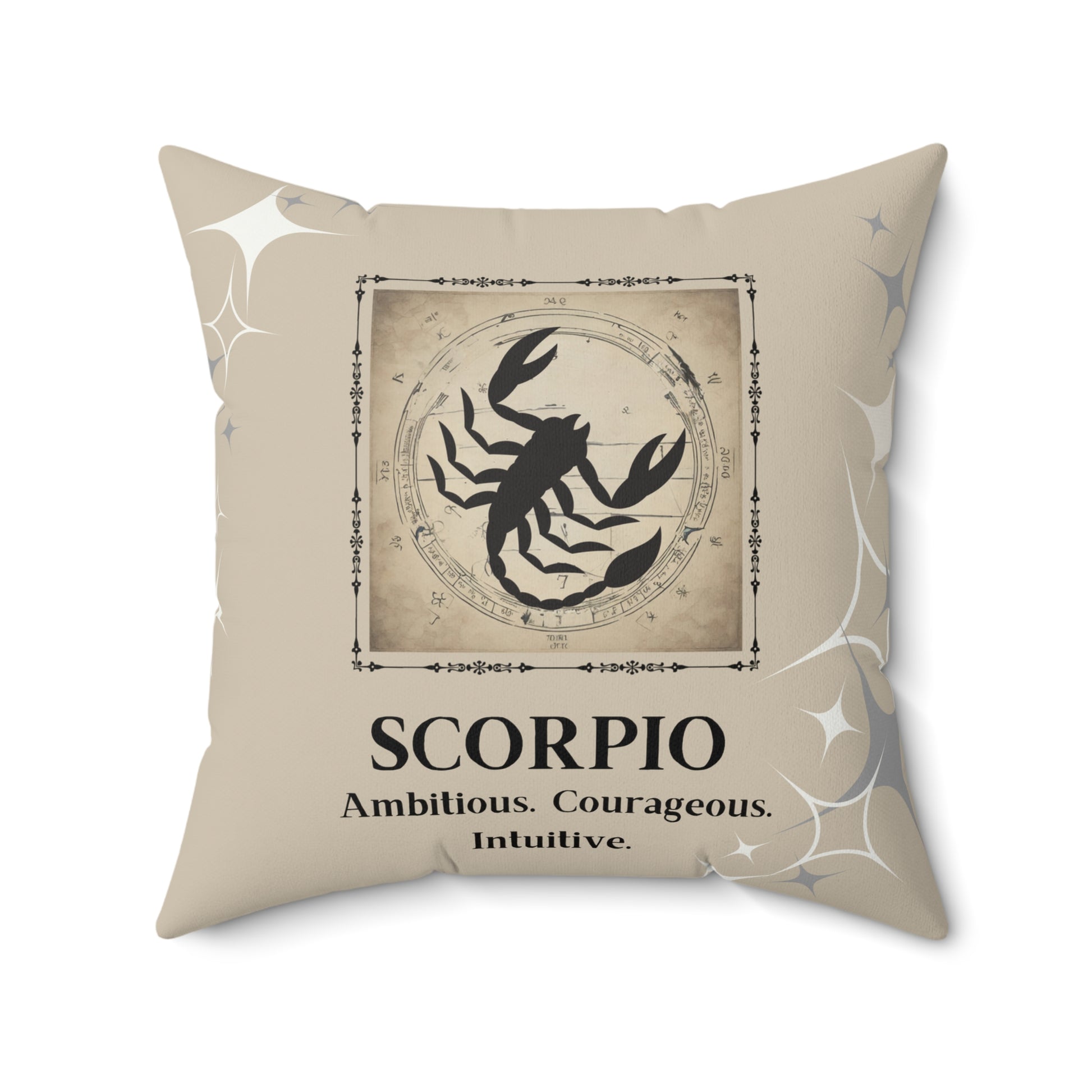 Scorpio zodiac throw pillow in cream front view.