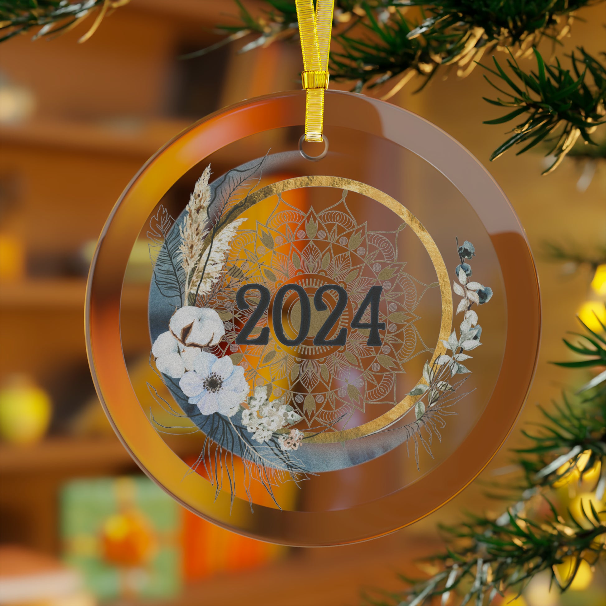 Glass Commemorative year ornament hanging in living room.