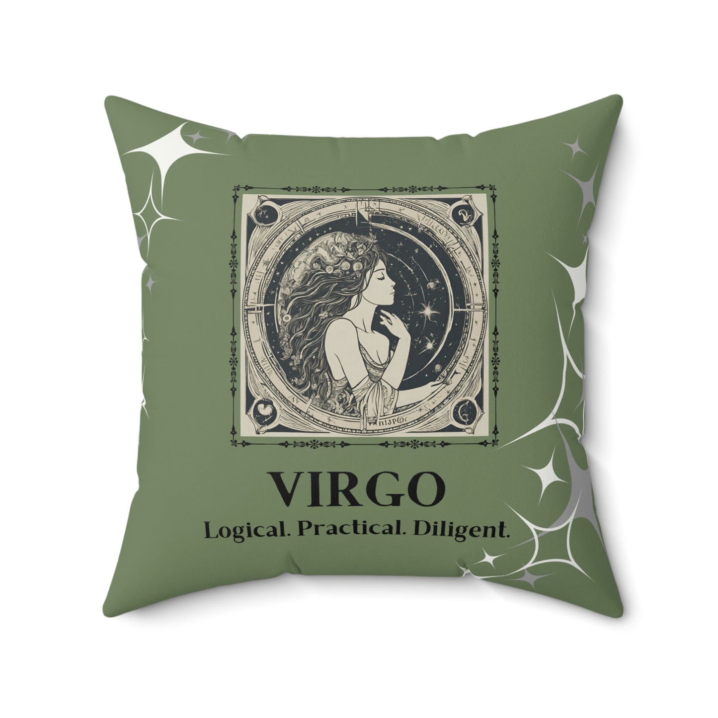 Virgo zodiac throw pillow in olive front view.