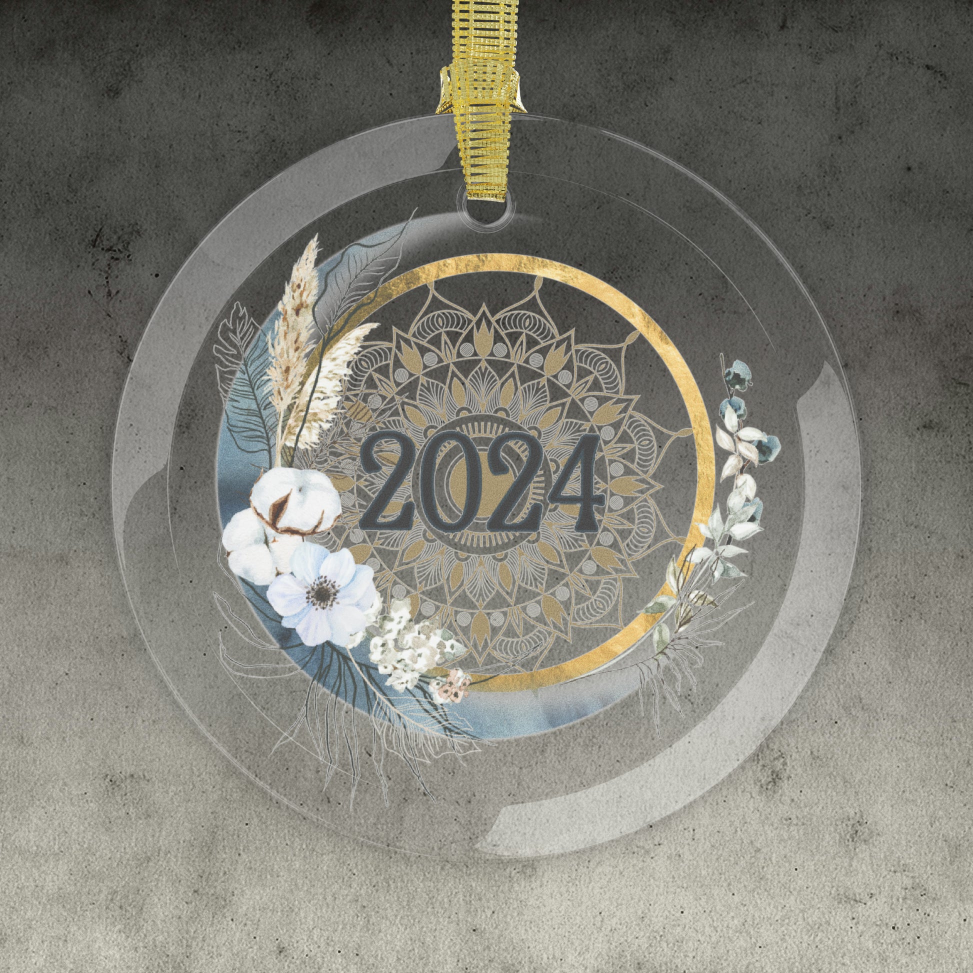 Style 2 Commemorative Year Glass Ornament with concrete grey background.