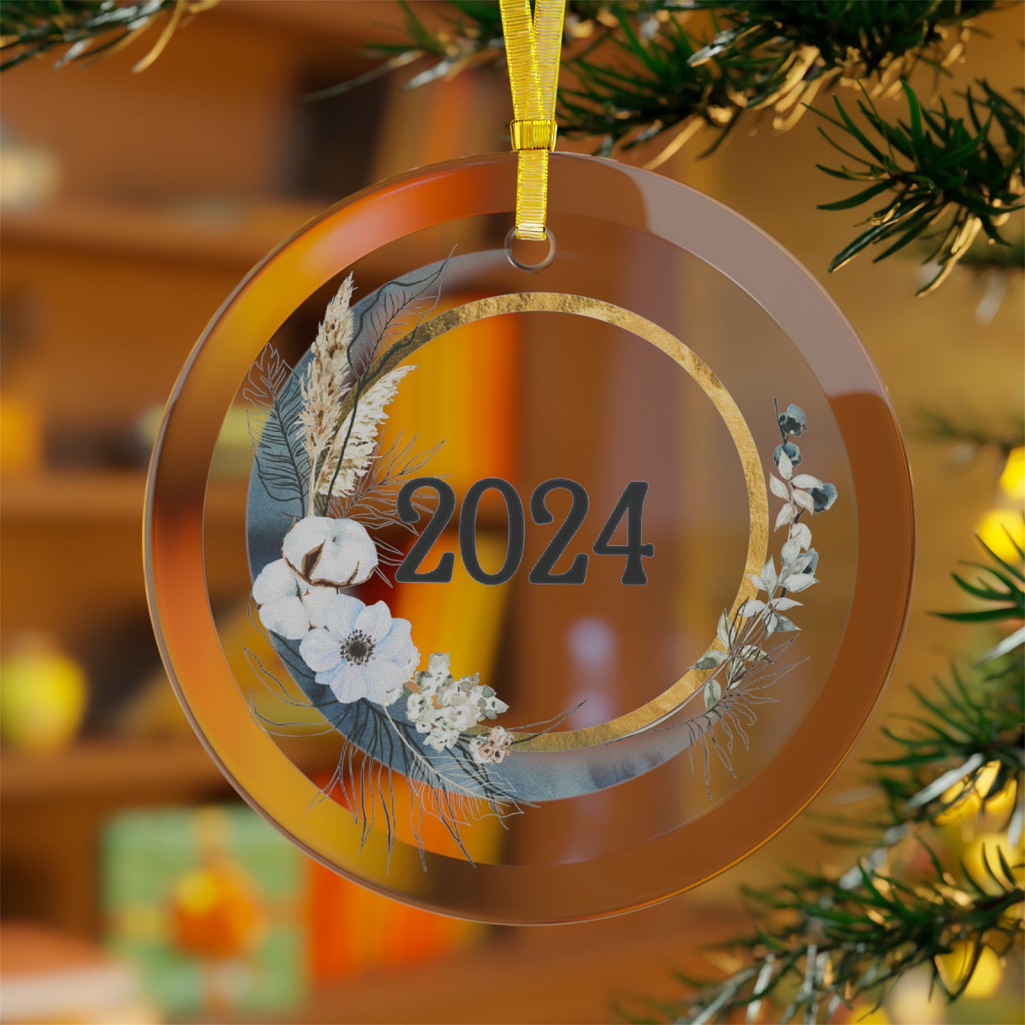 Commemorative year ornament Style 8 with living room background.