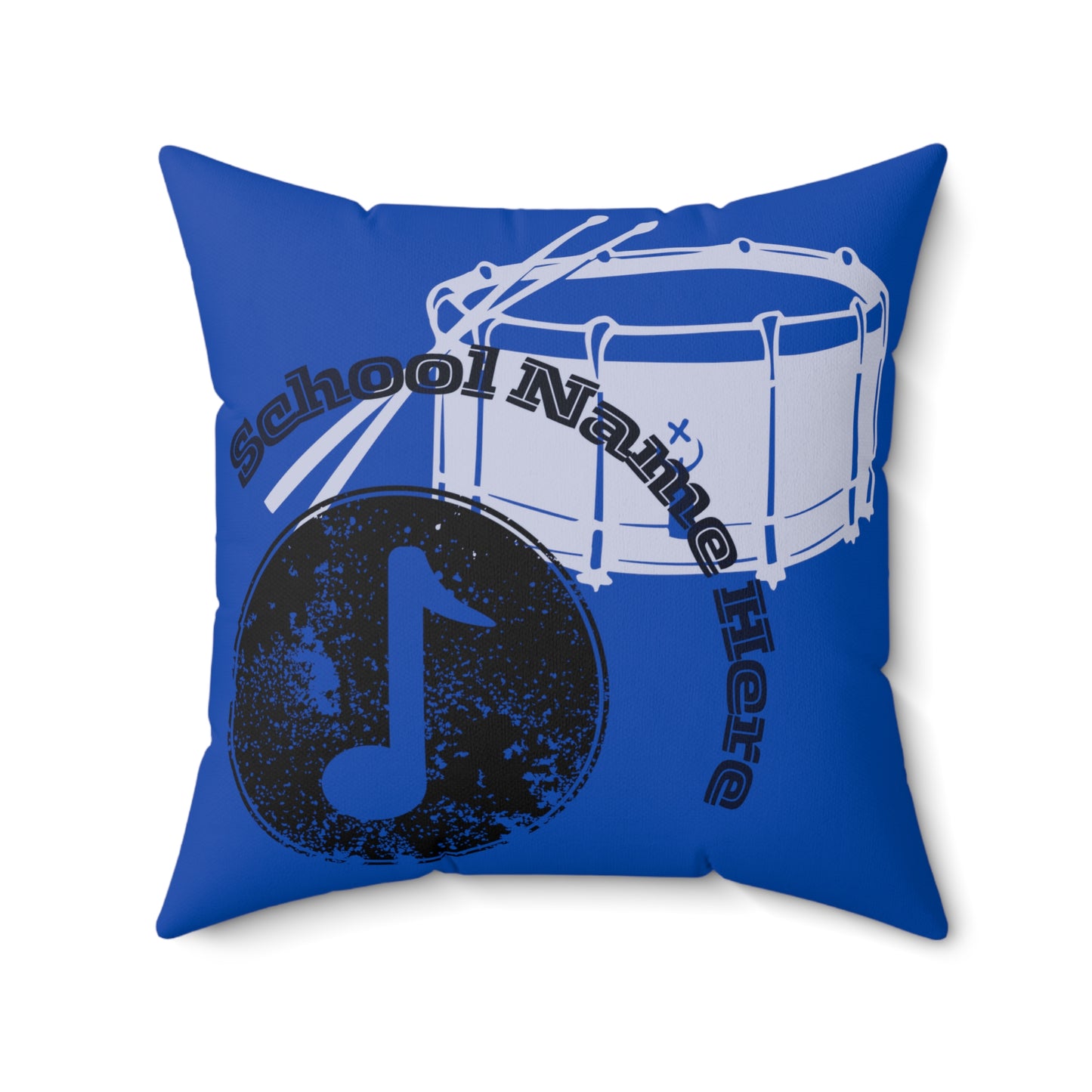 Front of school band throw pillow in blue.