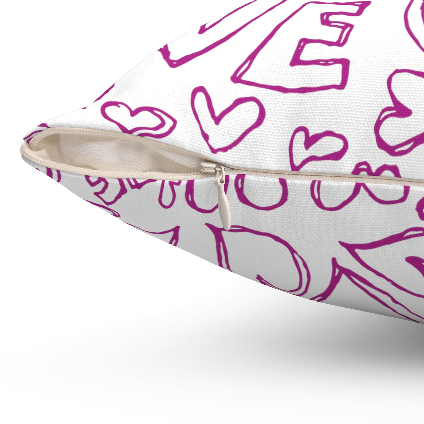 Side of love scribe pillow with concealed zipper slightly open.