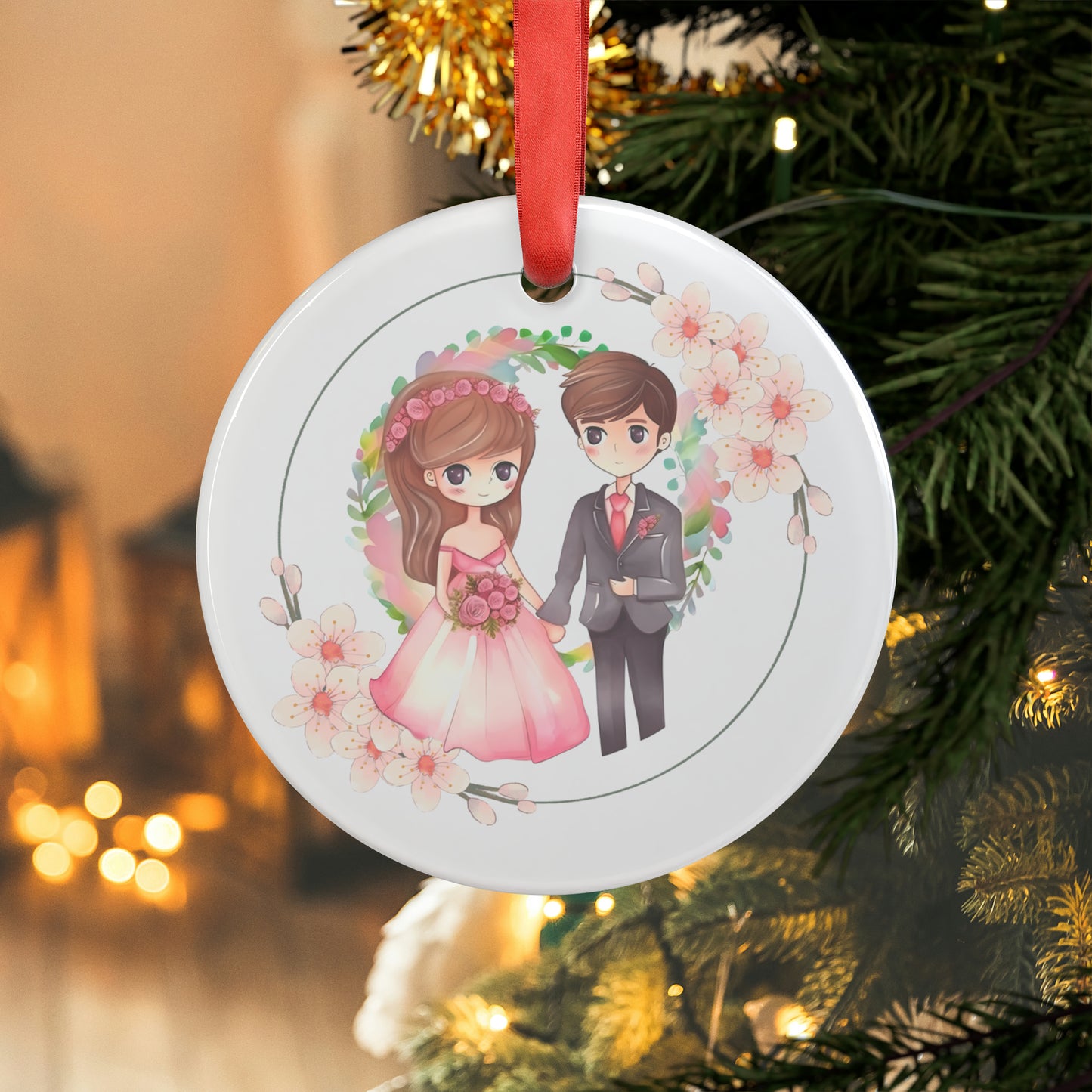 Style 1 Mr and Mrs 1st Christmas Watercolor Personalized Acrylic Ornament with Ribbon