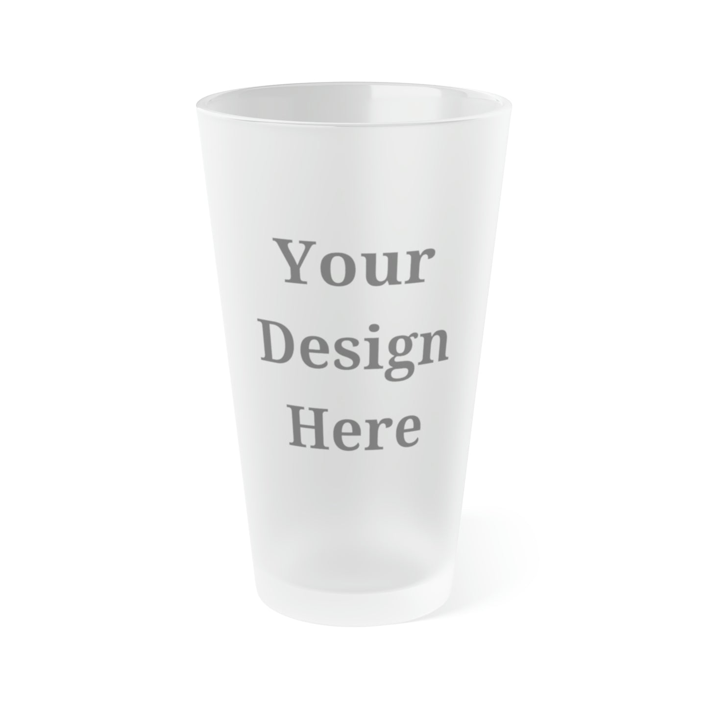 Frosted pint glass featuring “your design here” front view.