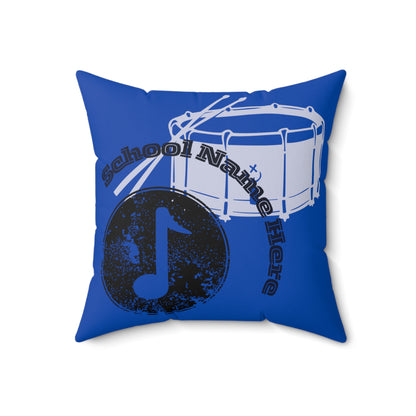 Front of school band throw pillow in blue.