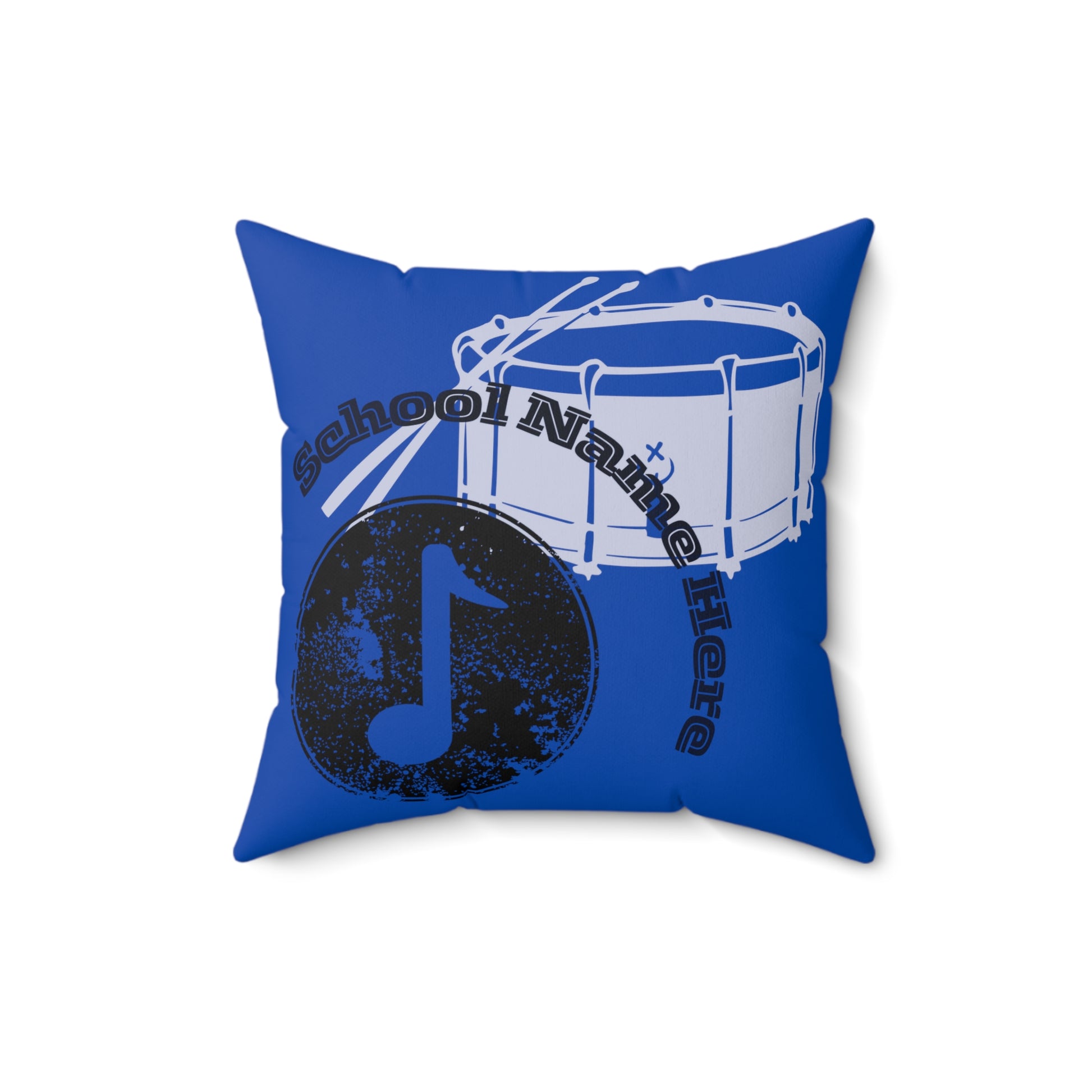 Front of school band throw pillow in blue.