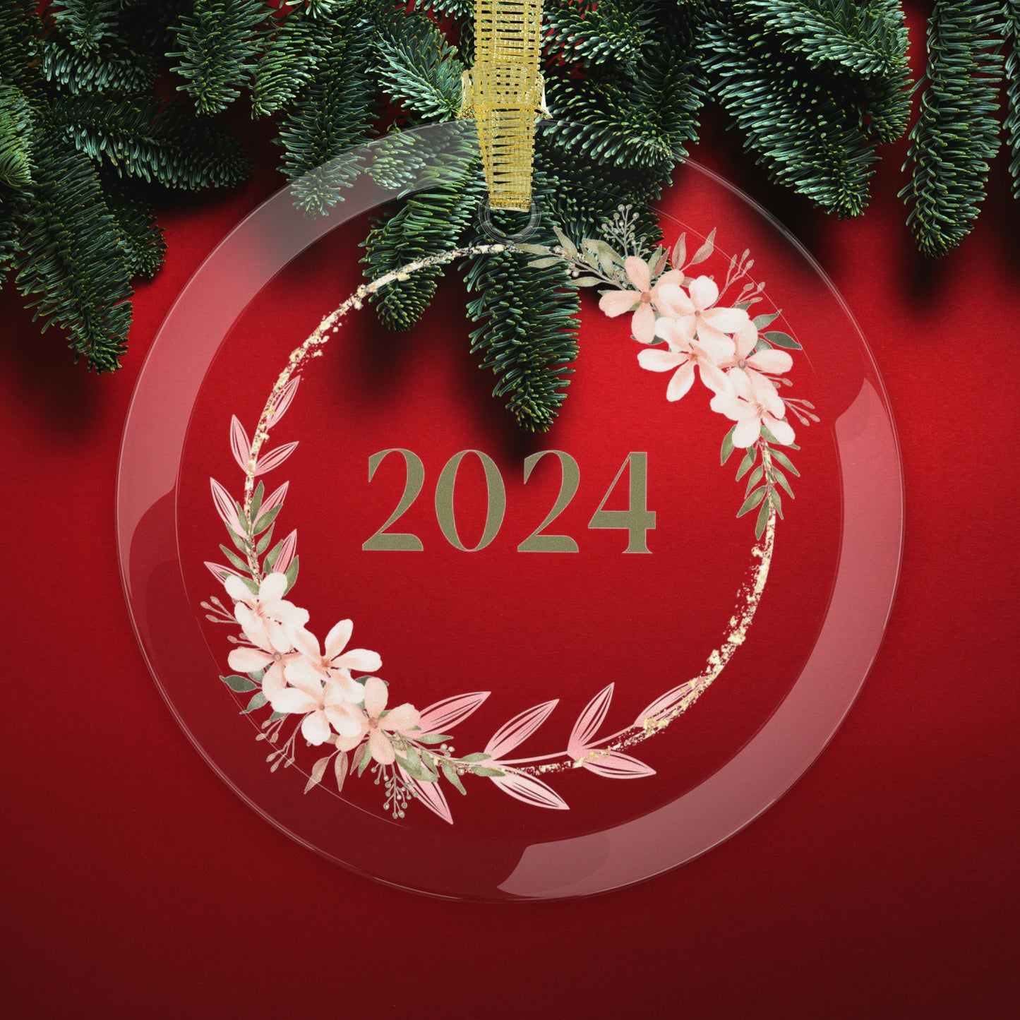 Style 5 Commemorative Glass Year Ornament featuring cream and yellow flowers with gold ring.