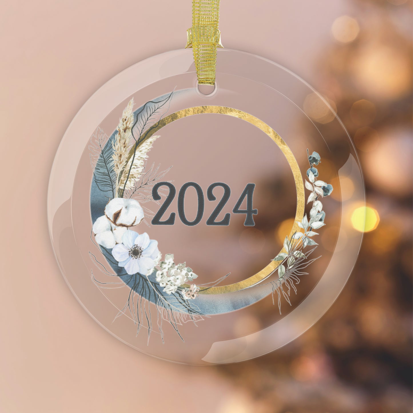 Commemorative Year Ornament Style 8 with pink Christmas background.