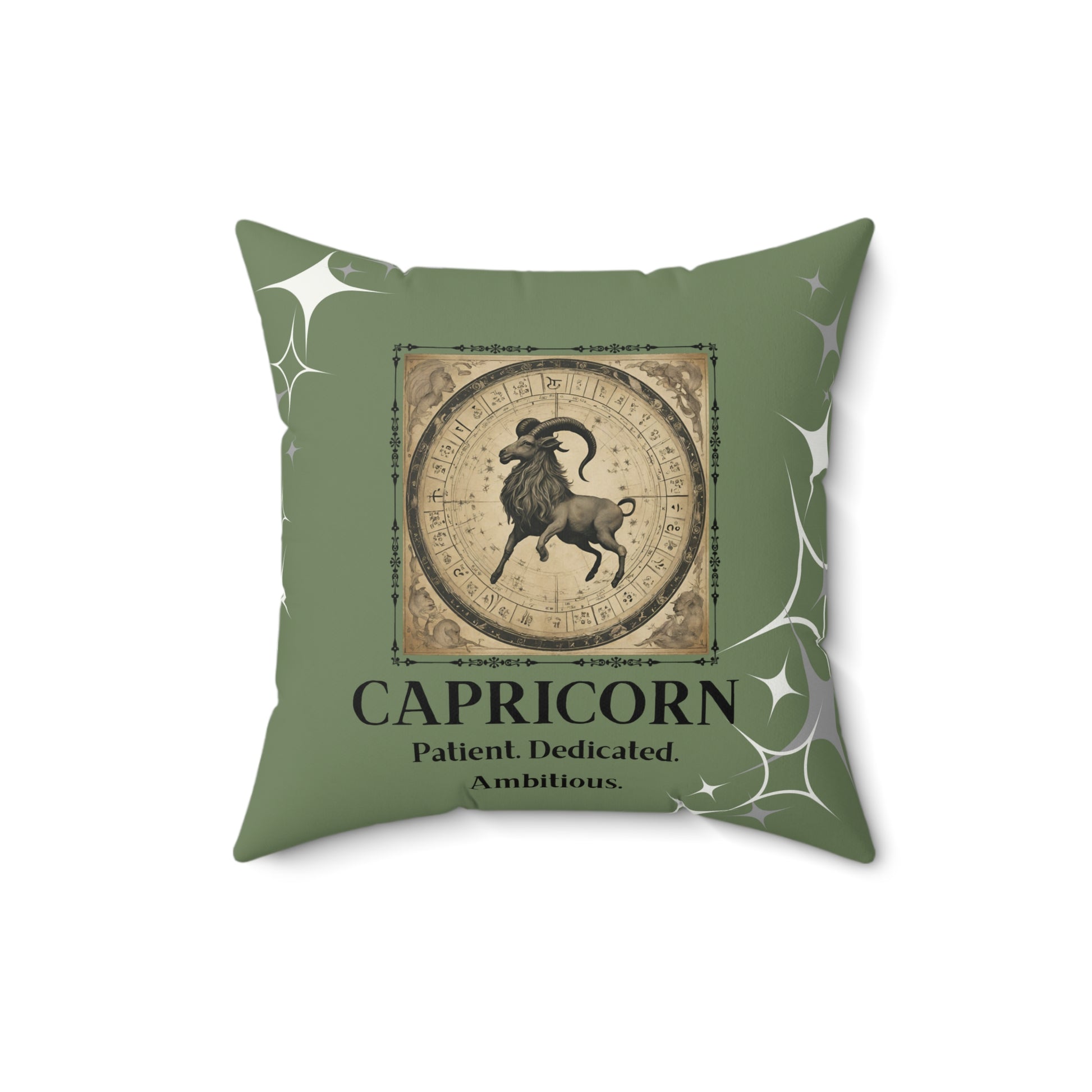 Olive Capricorn pillow displayed in 18x18.