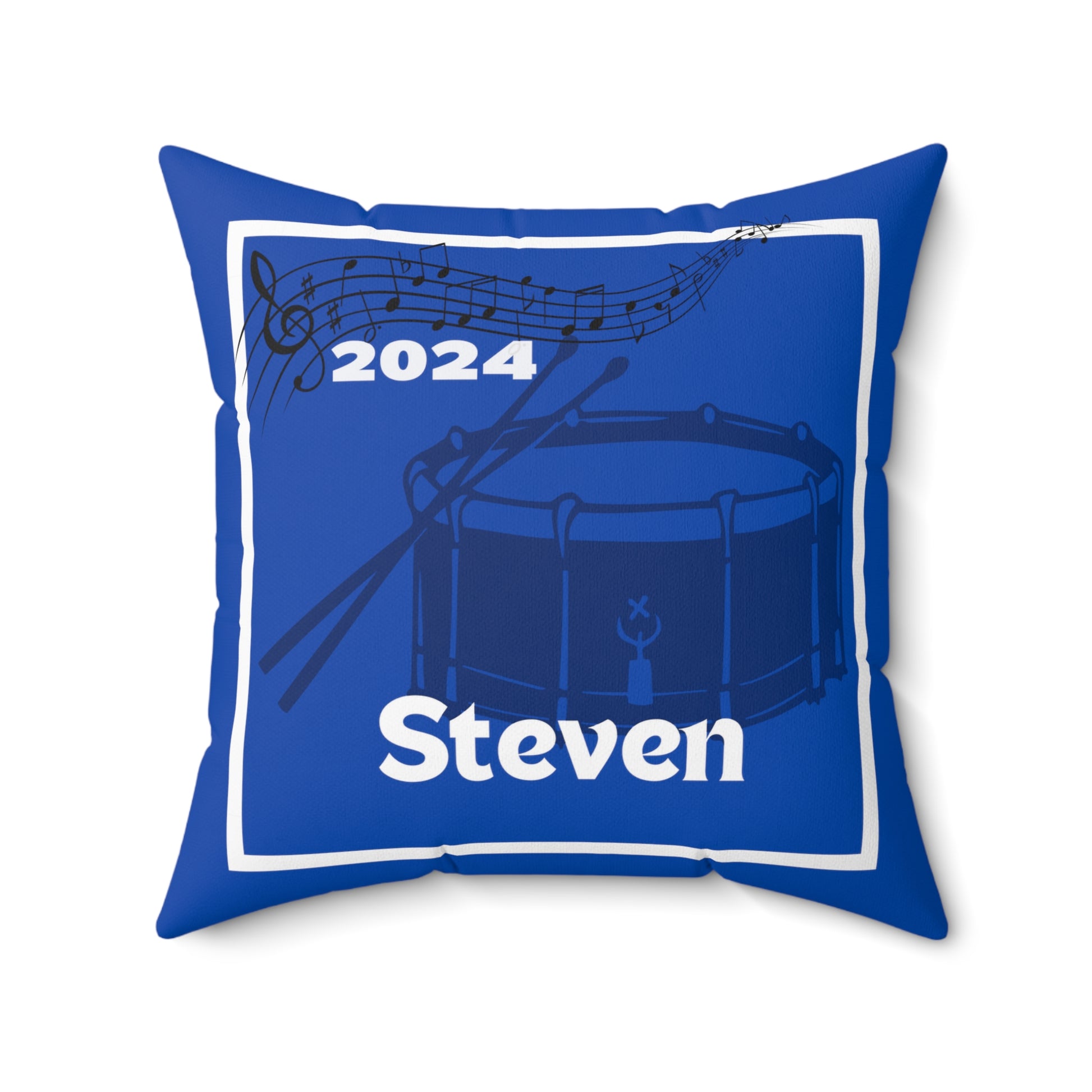 Back of school band throw pillow in blue with personalized name.