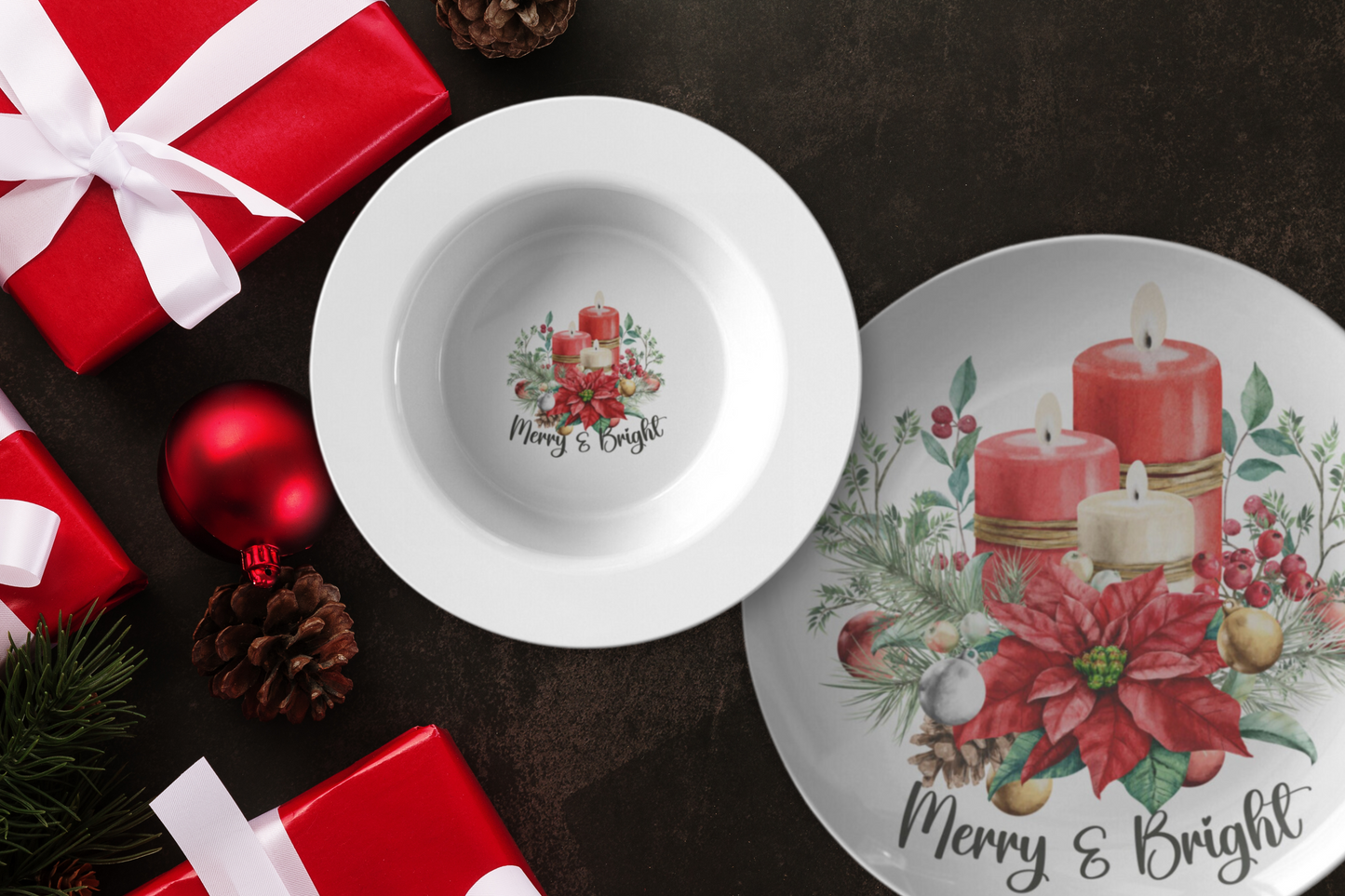 Merry & Bright Style 2 plate and bowl on table by Christmas gift.