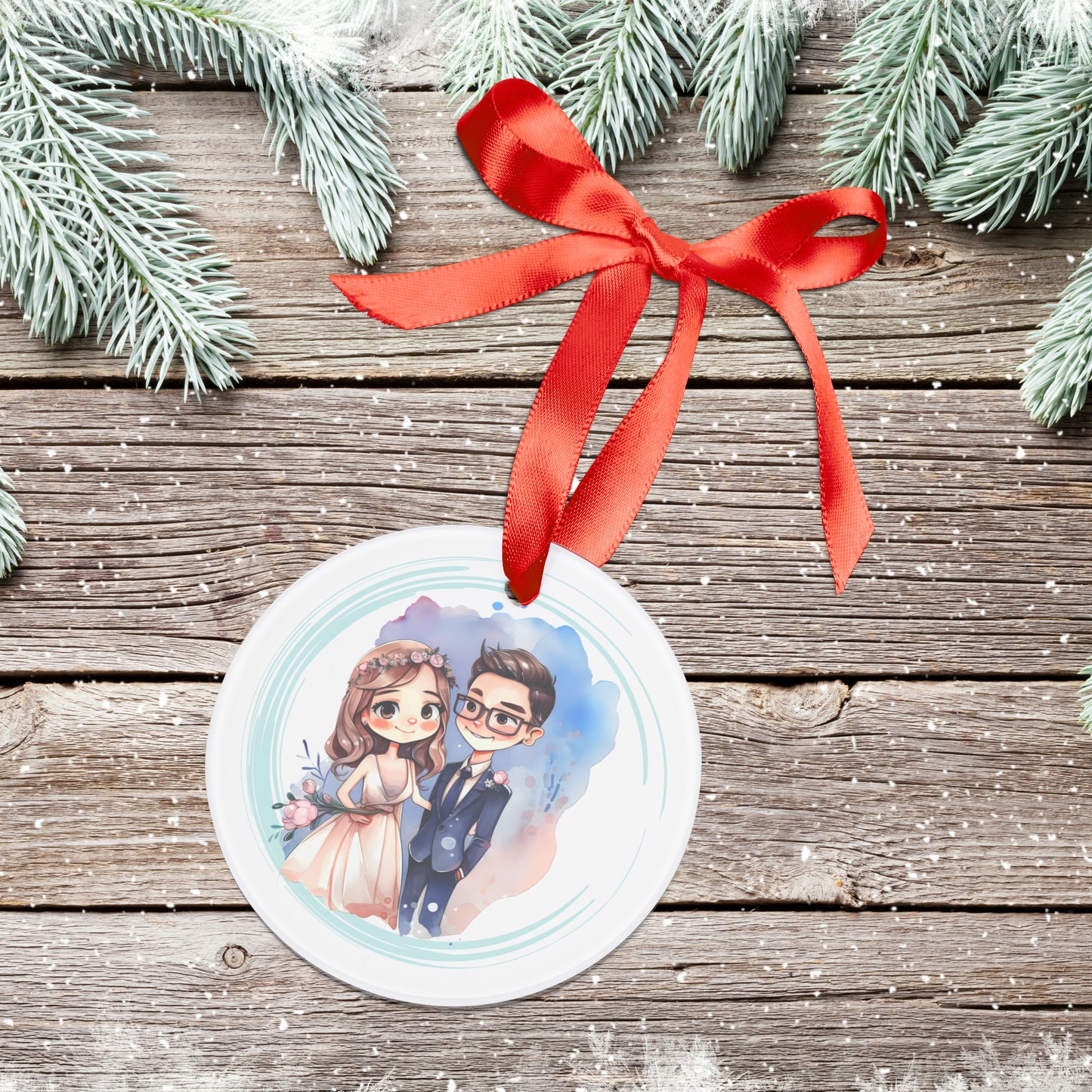 Style 4 Mr and Mrs 1st Christmas Watercolor Personalized Acrylic Ornament with Ribbon