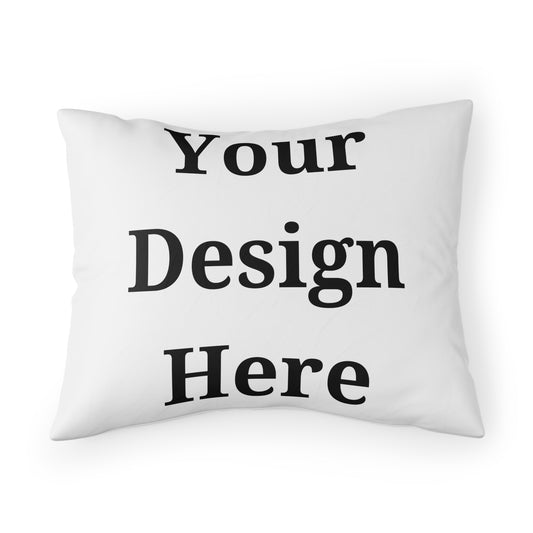 Pillow case shame featuring “your design here” to display an example concept.