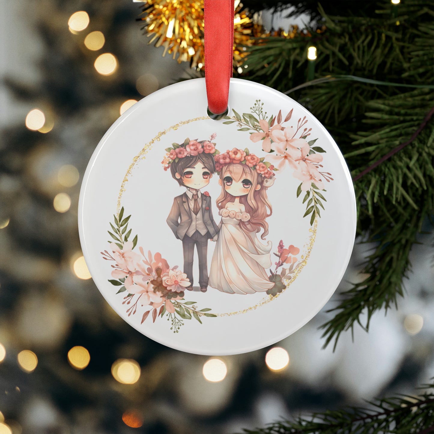 Style 2 Mr and Mrs 1st Christmas Watercolor Personalized Acrylic Ornament with Ribbon