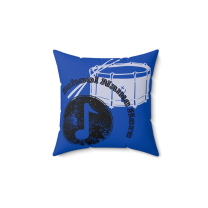 Front of school band throw pillow in blue.