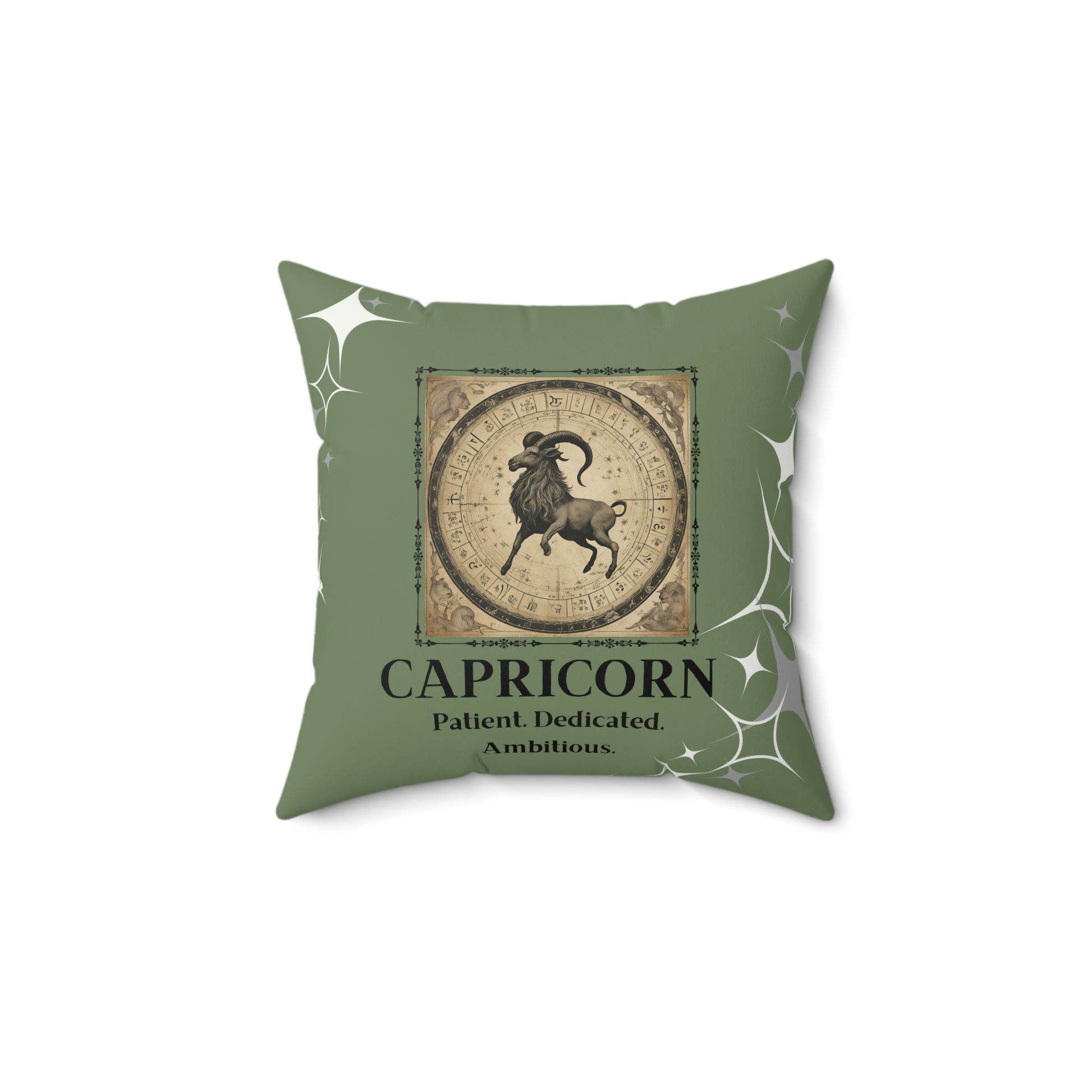 Olive Capricorn pillow displayed in 16x16.