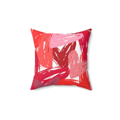 Front of Floating Heart square pillow showing pink and red hearts.