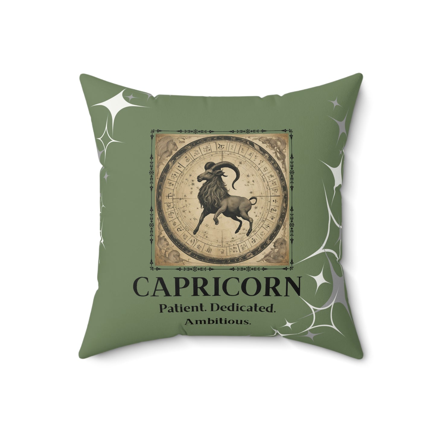 Olive Capricorn pillow displayed in 20x20.