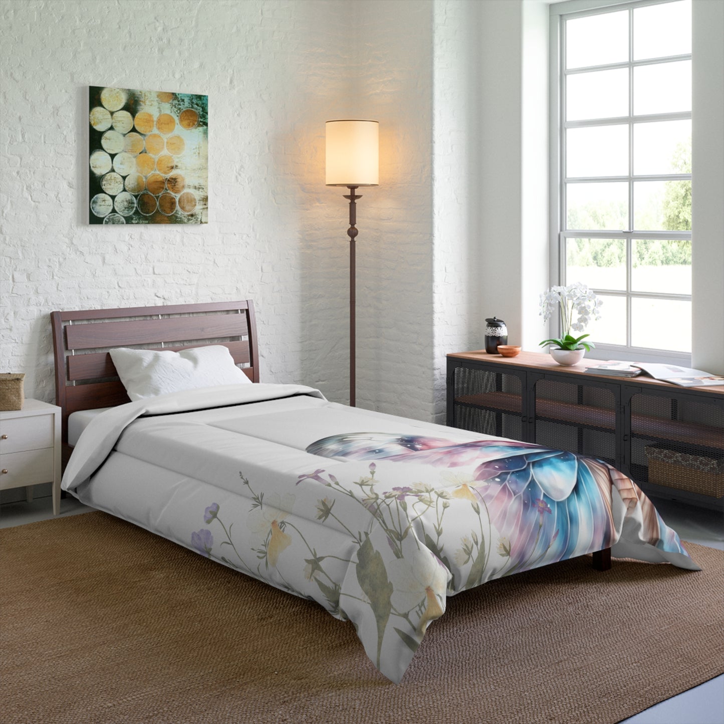 Twin size bed in bedroom with white butterfly comforter