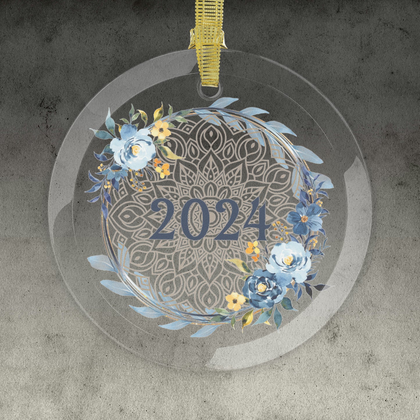 Style 6 Commemorative Glass year ornament featuring blue and cream yellow flowers with blue mandala in center.