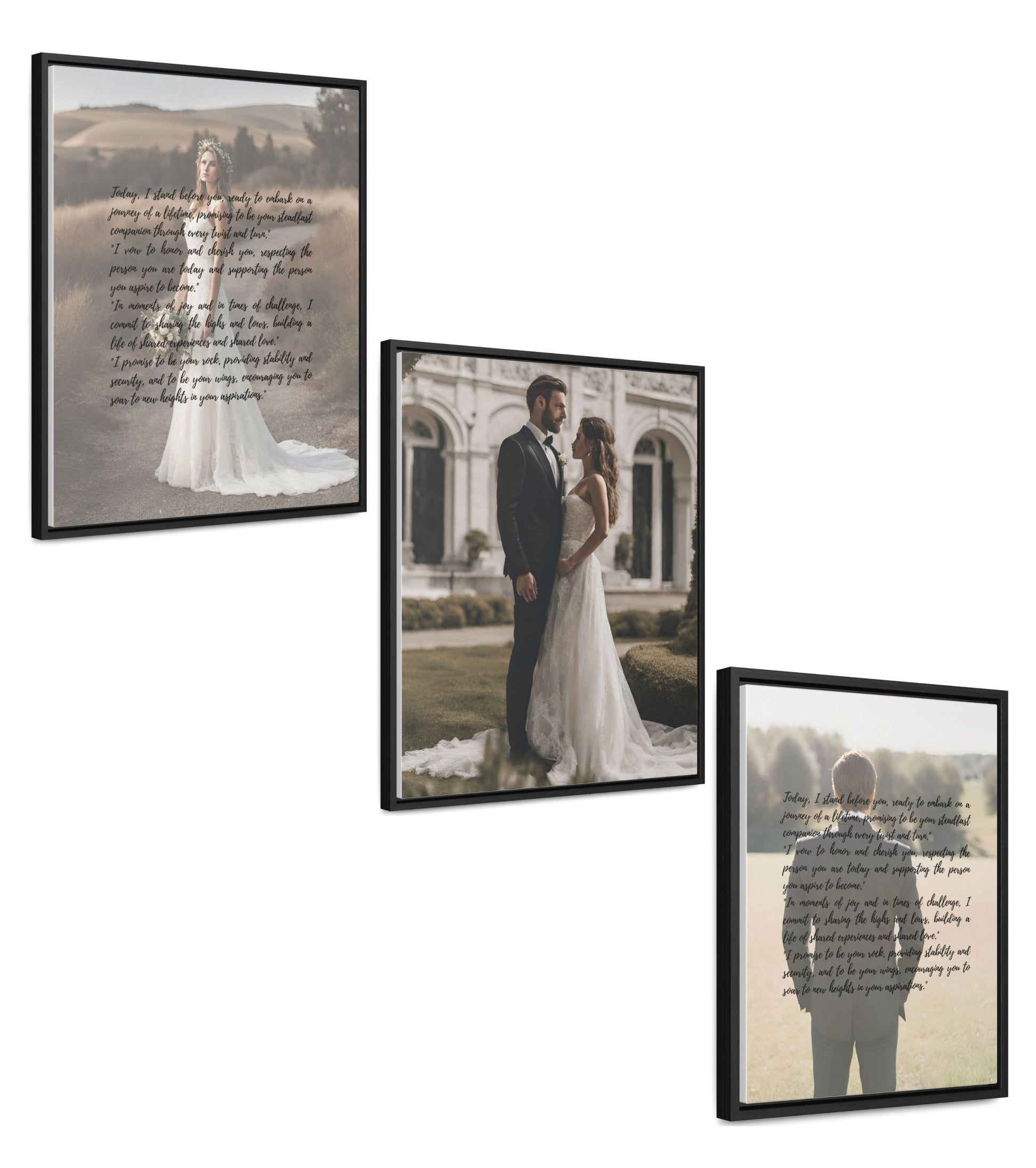 Three personalized black framed gallery canvas wraps of wedding vows by bride and groom with couple’s wedding photo in middle.