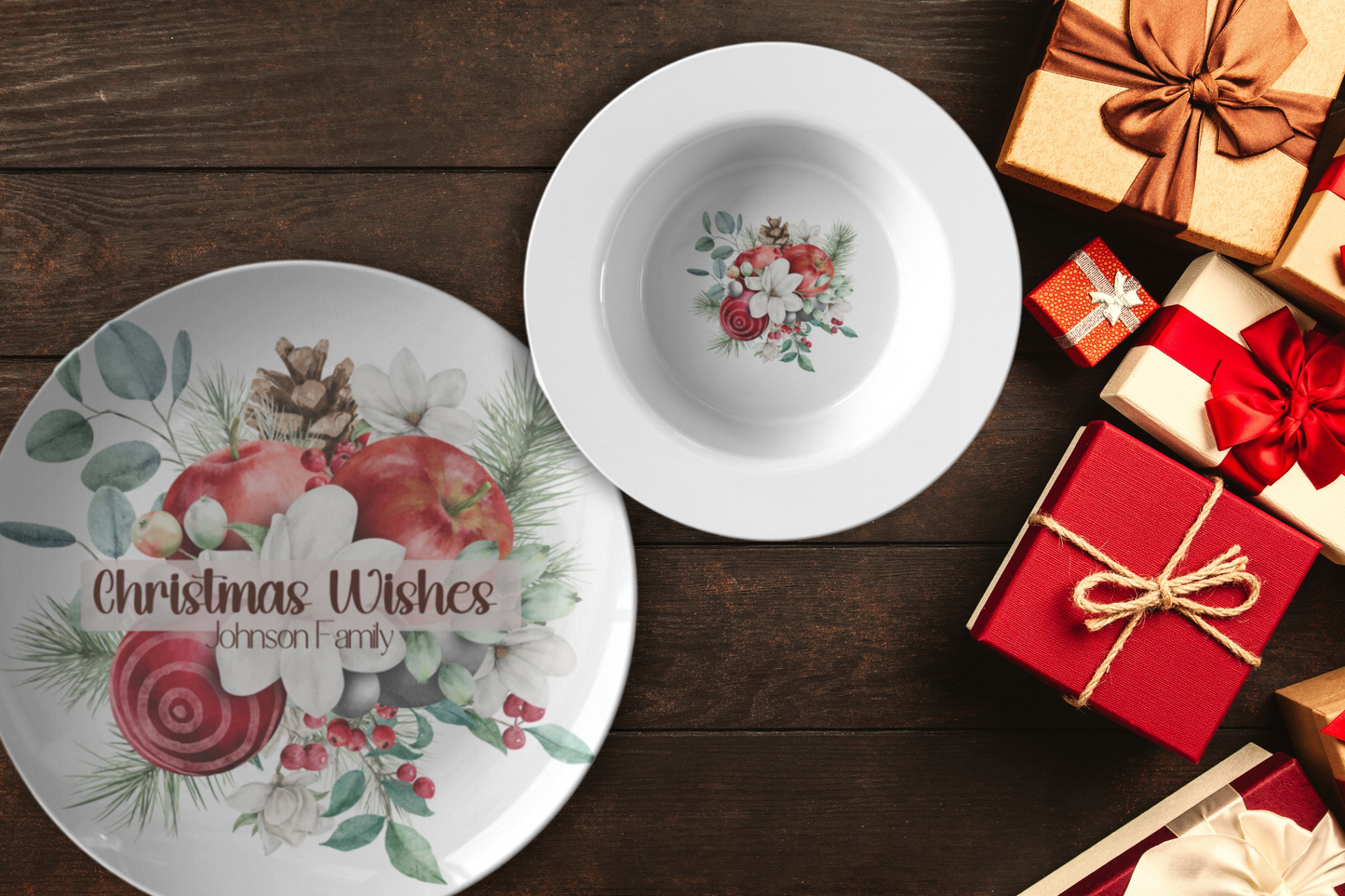 Merry & Bright Style 1 plate and bowl on dinner table with Christmas gifts.