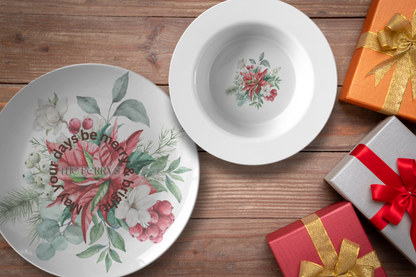 Merry & Bright Style 3 10” Holiday Plate and 8” Bowl on dinner table.