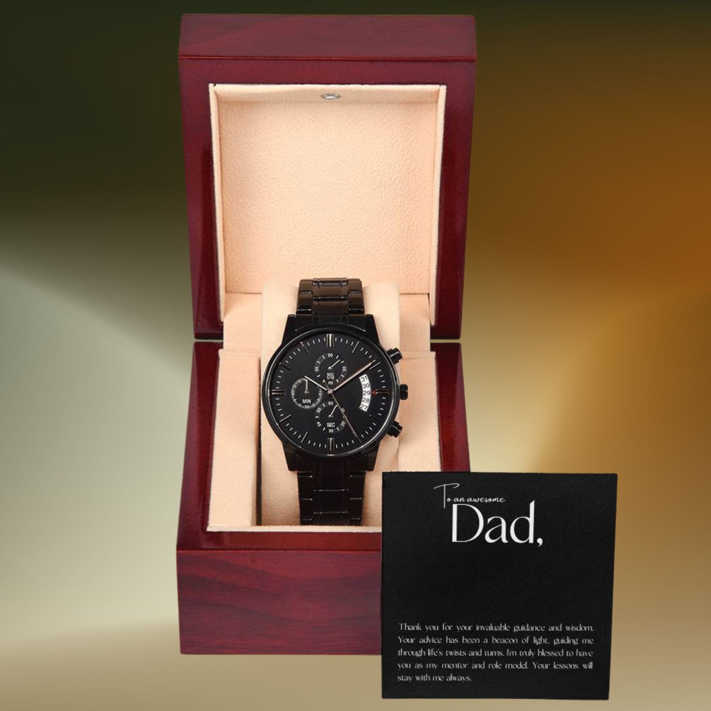 “Guidance & Wisdom” Black Chronograph Watch - Gift for Dad