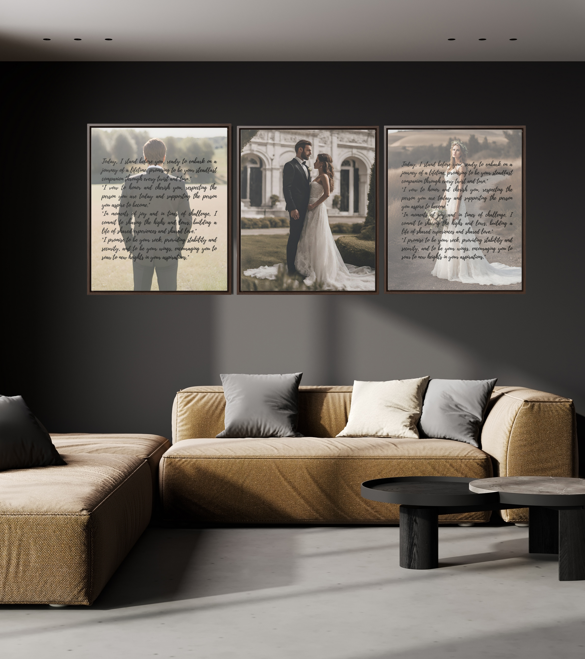 Three framed canvases of personalized wedding vows on living room wall.