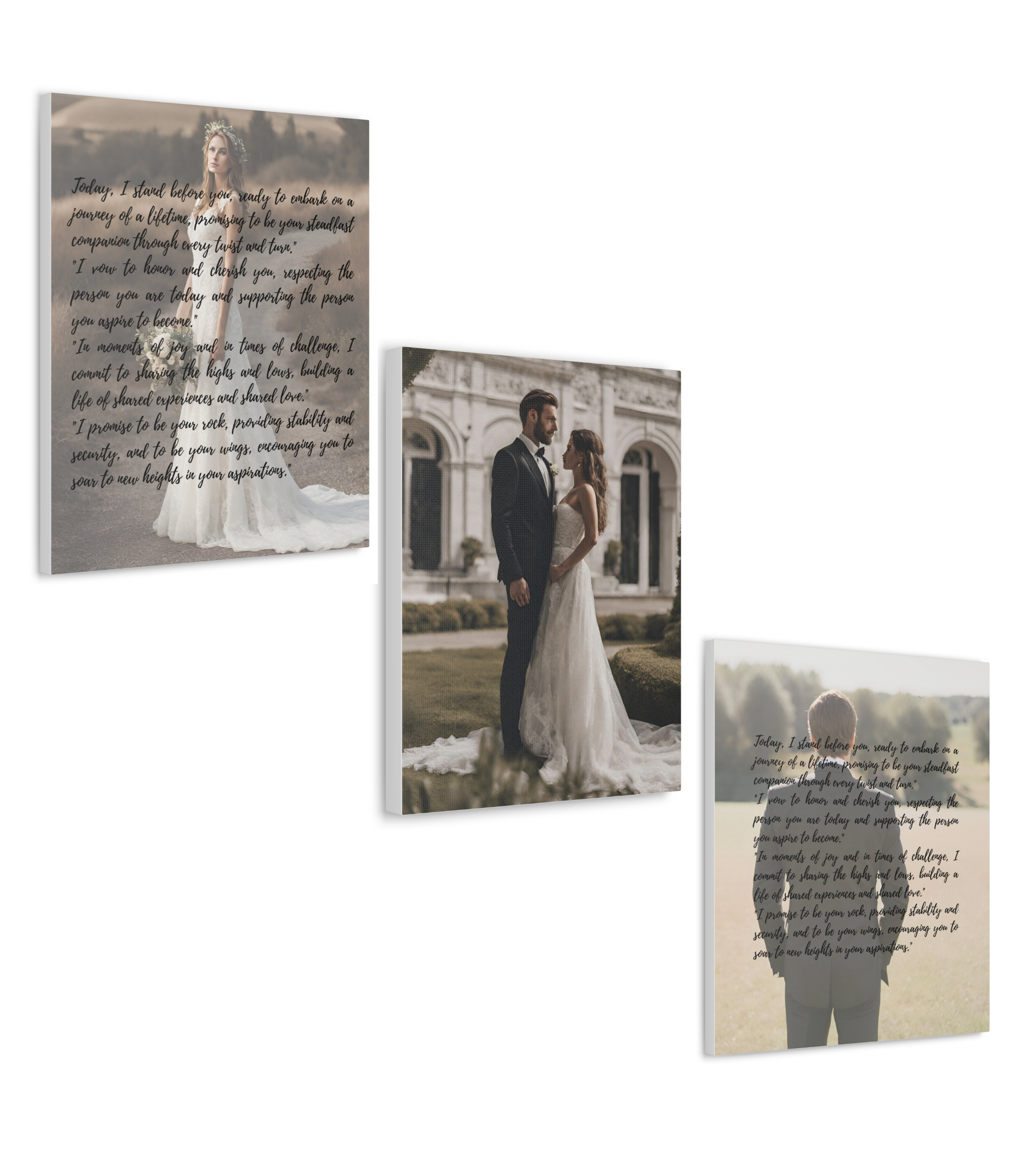 Three personalized in framed canvas pictures of wedding vows with photo of bride, couple’s wedding photo, and photo of groom