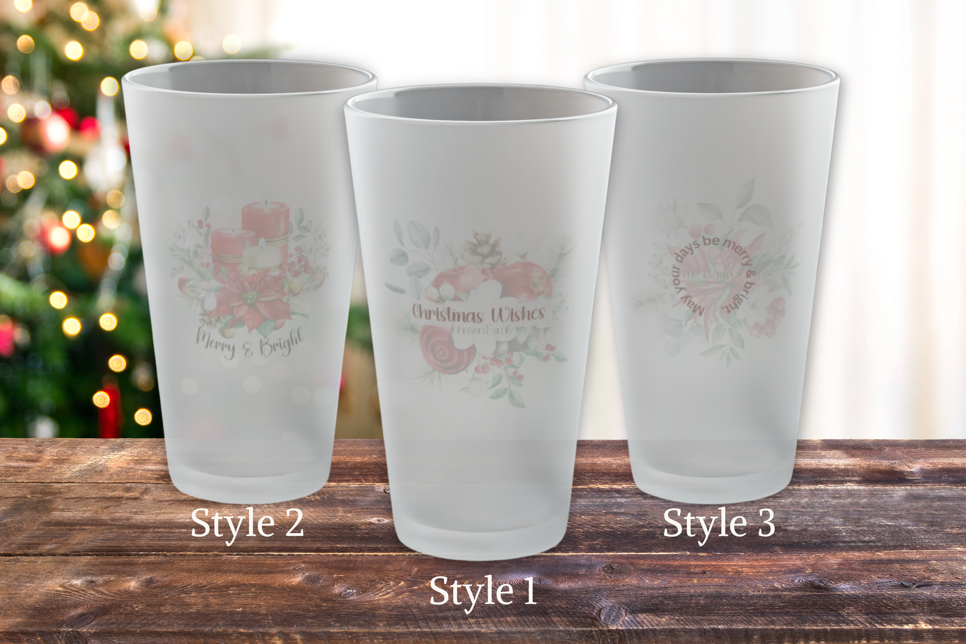 Merry & Bright frosted glass options in three styles.