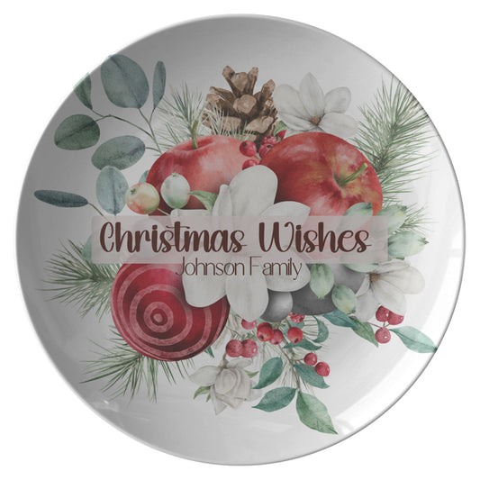 Merry & Bright plate in Style 1 featuring apples, pine cones, and holly.