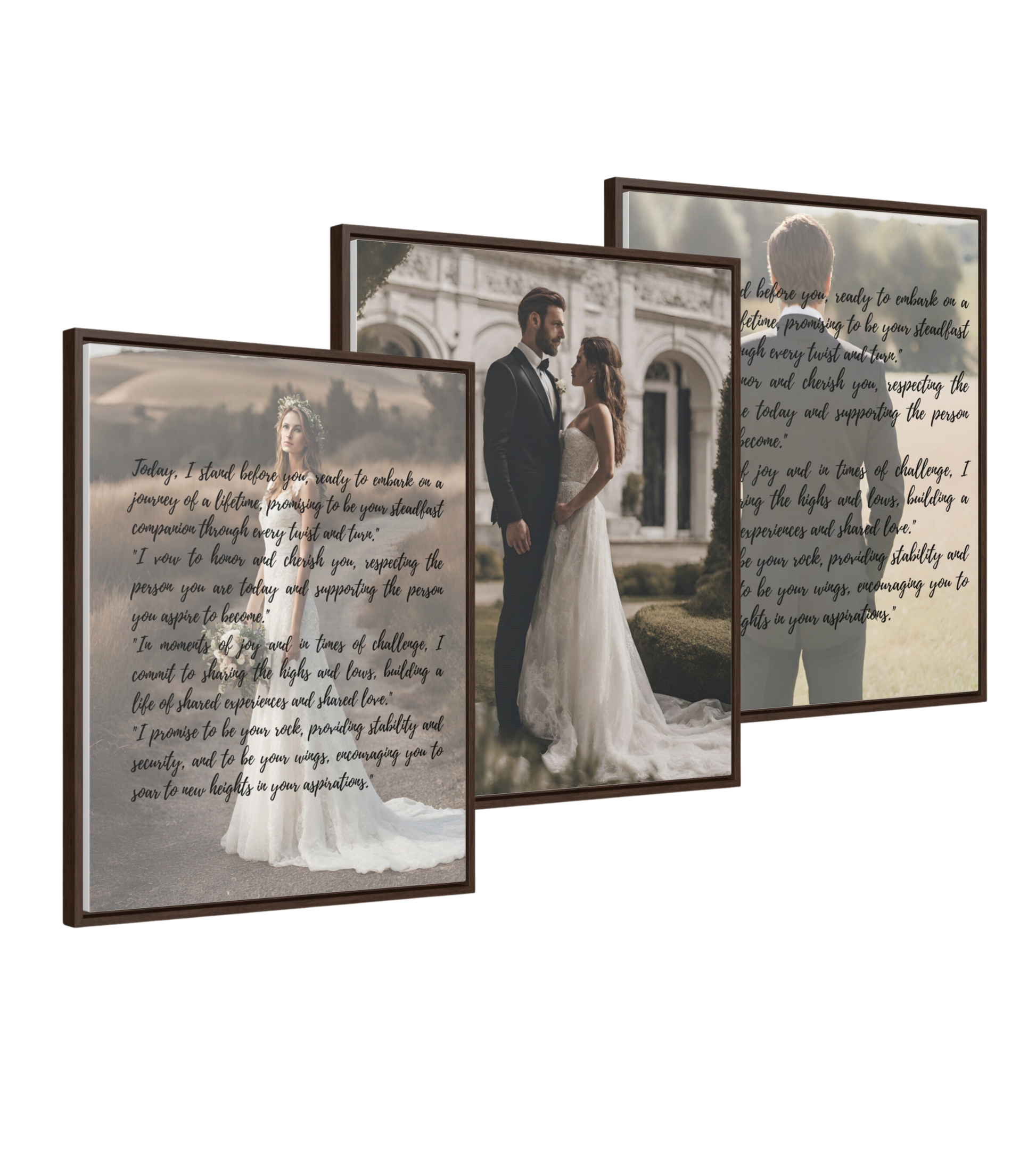 Three walnut framed gallery canvas wraps of personalized bride and groom wedding vows with picture of couple in the middle