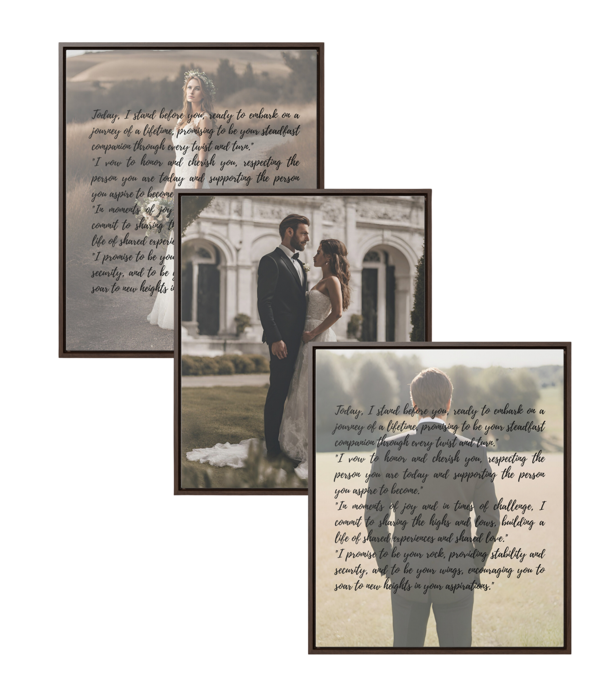 Three personalized Walnut framed gallery canvas wraps of wedding vows by bride and groom with couple picture in middle.