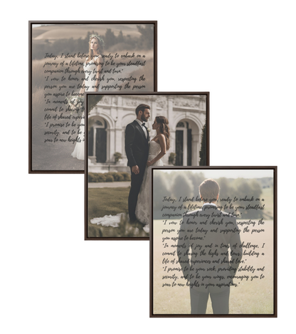 Three personalized Walnut framed gallery canvas wraps of wedding vows by bride and groom with couple picture in middle.