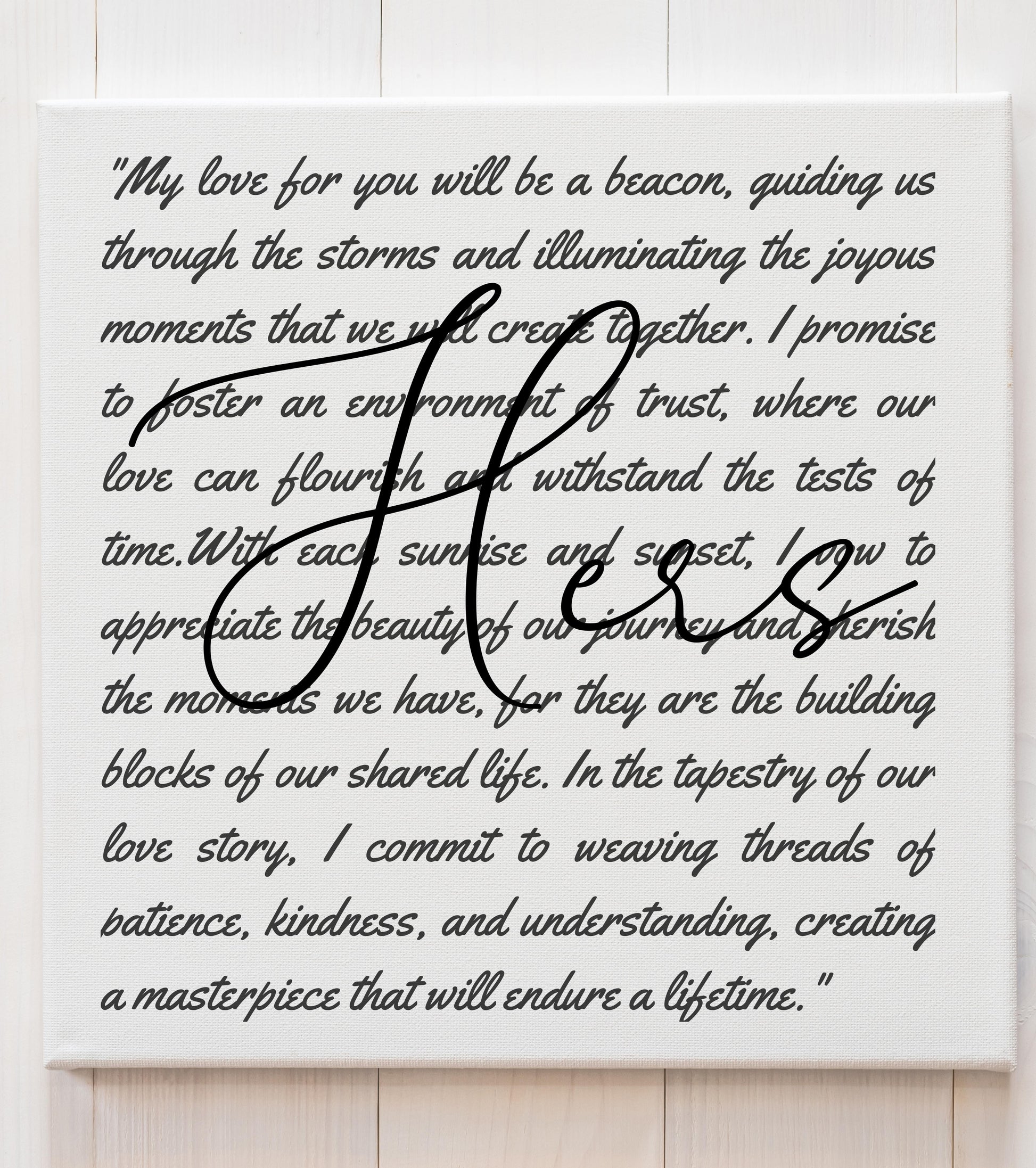 “His” vow canvas from Vow Sty 3 featuring groom vows hanging on wall.